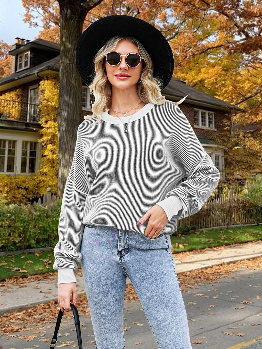 Disamer Womens Sweaters 2026 Fall Clothes Batwing Long Sleeve Striped Knit Pullover Tops Fashion Outfits Oversized Sweater,Pure Black,Large