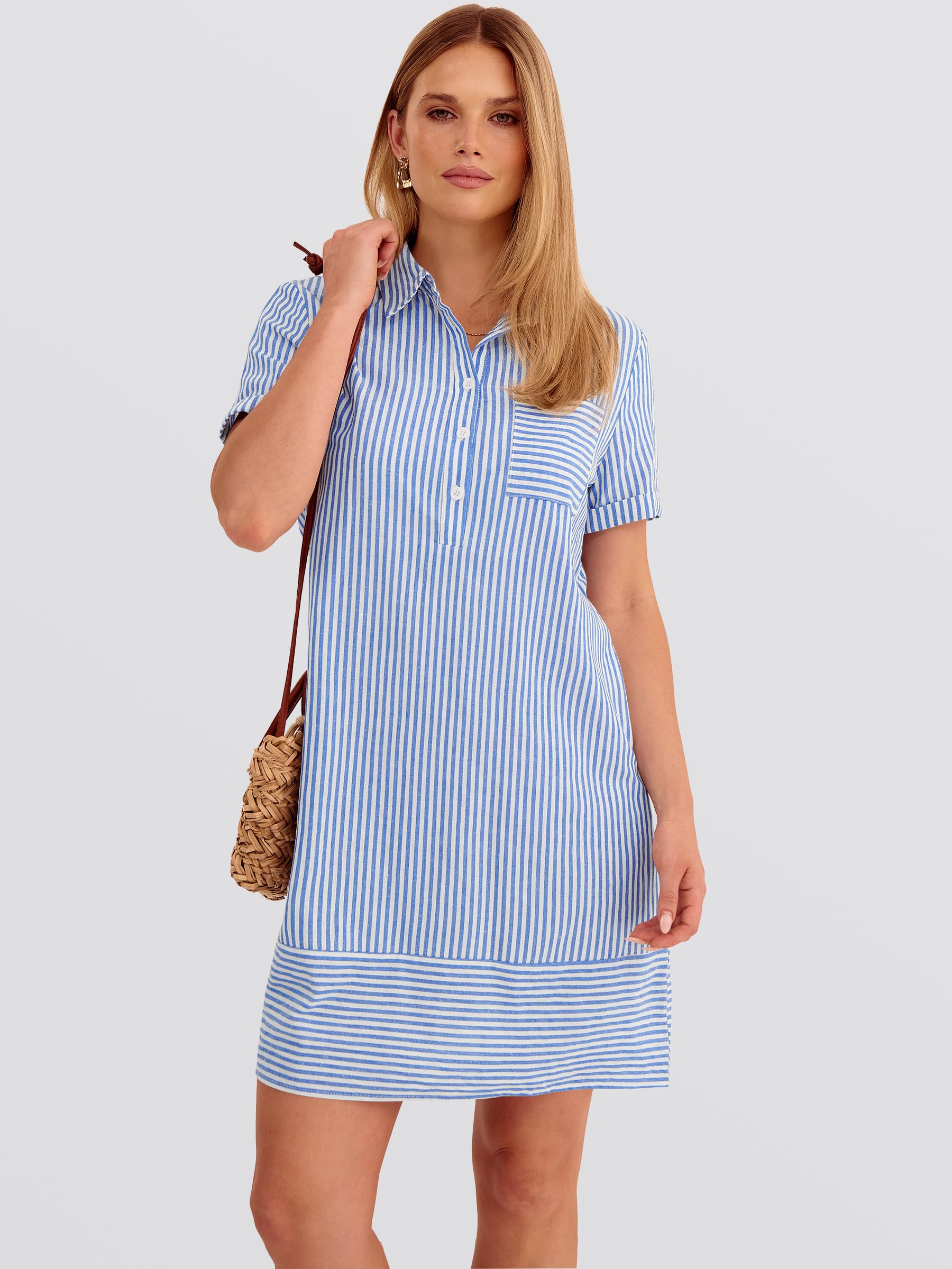 ANRABESS Womens Summer Shirt Dresses Casual Short Sleeve Button Tshirt Shift Short Polo Dress 2026 Beach Vacation Clothes Blue White Stripe Small