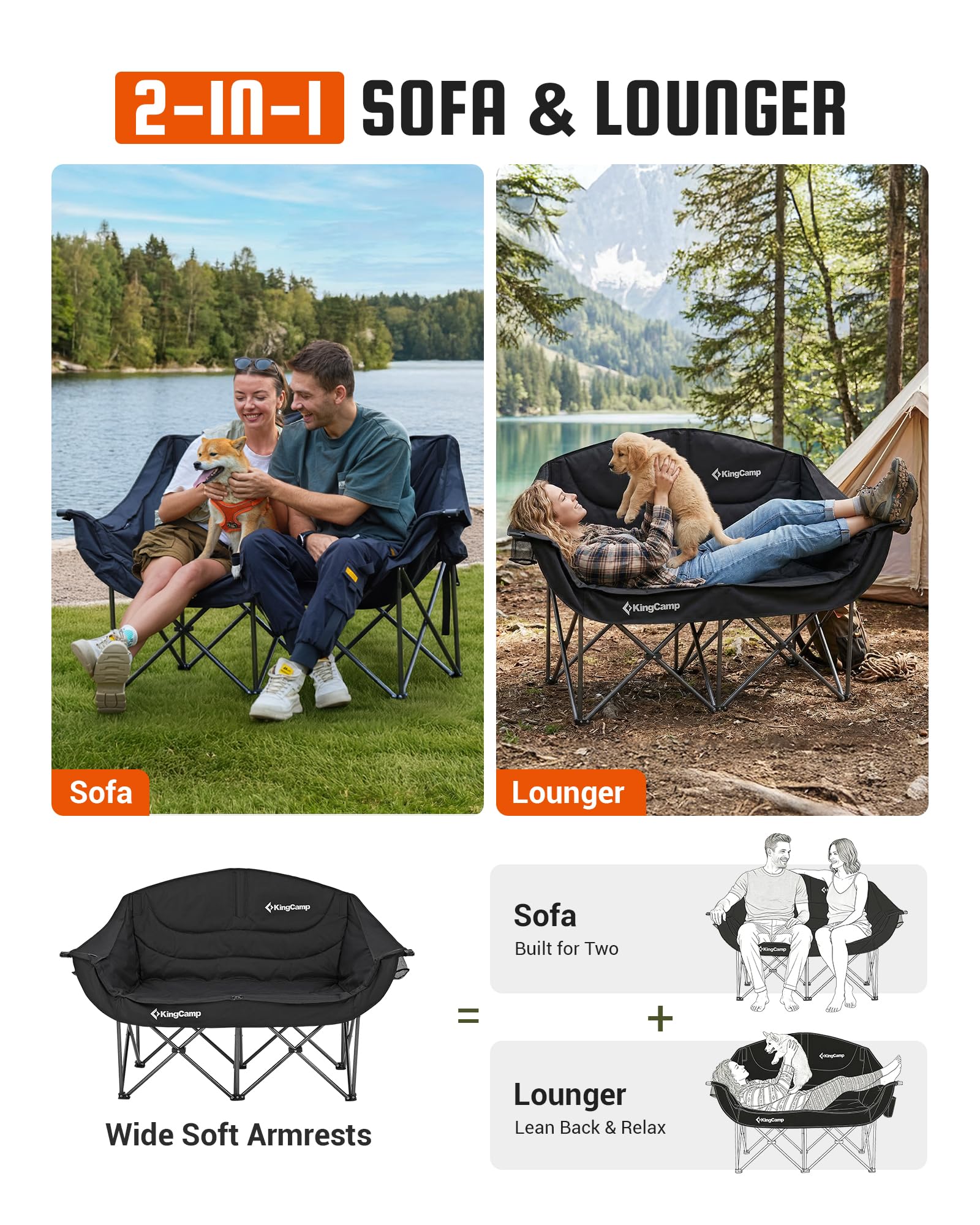 KingCamp Double Camping Chair, Oversized Heavy Duty 660lbs Loveseat for Adults Portable Folding XL 2 Person Couch Padded Comfortable Two Seat with Cup Holder for Outdoor Lawn Backyard, Black