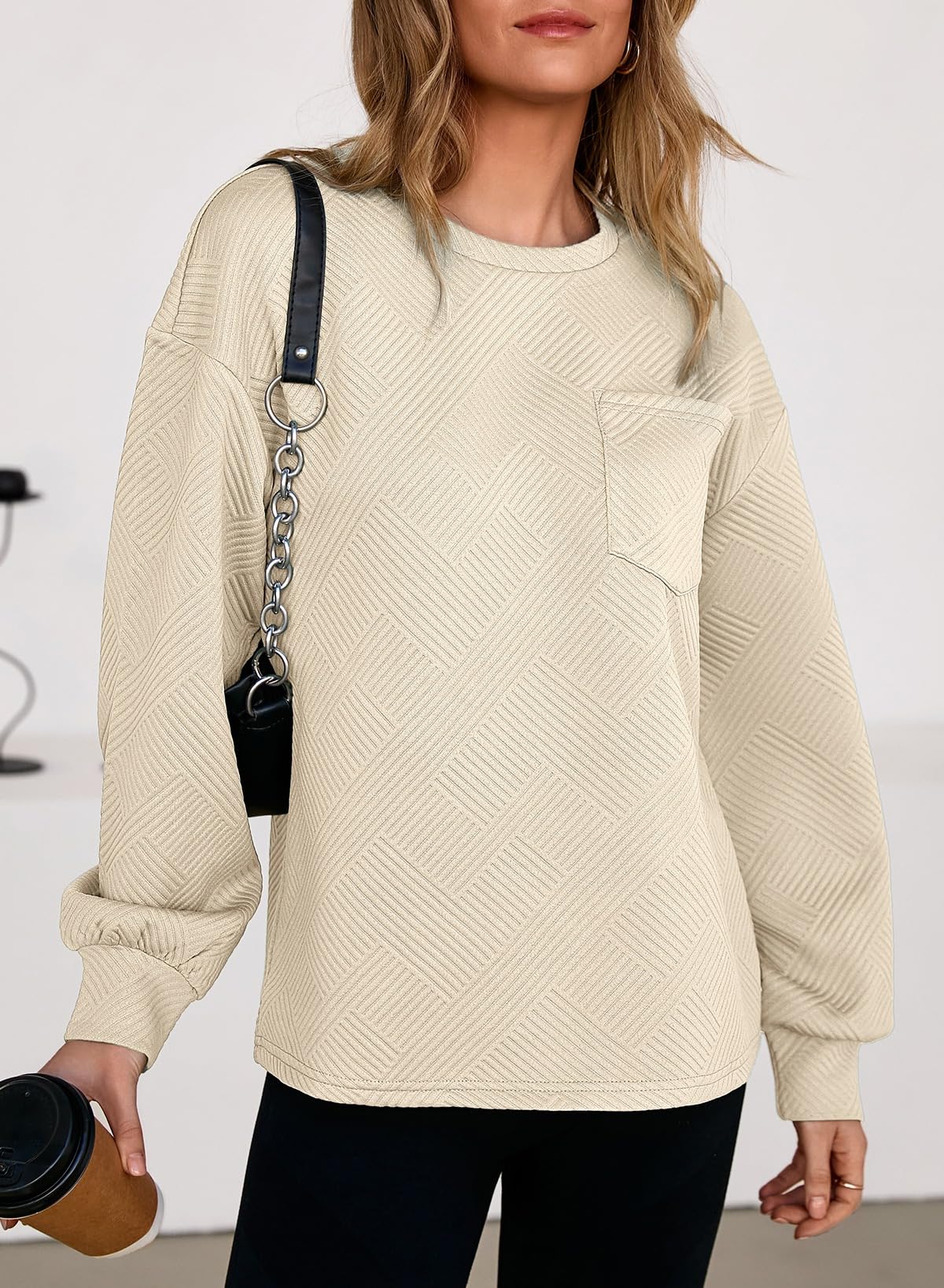 Dokotoo Womens Tops Long Sleeve Crew Neck Sweatshirt Loose Fit Spring Cute Pullover Tunic Tee Plus Size Shirts 2025 Fall Fashion Business Casual Blouses Tops with Pocket Beige Medium