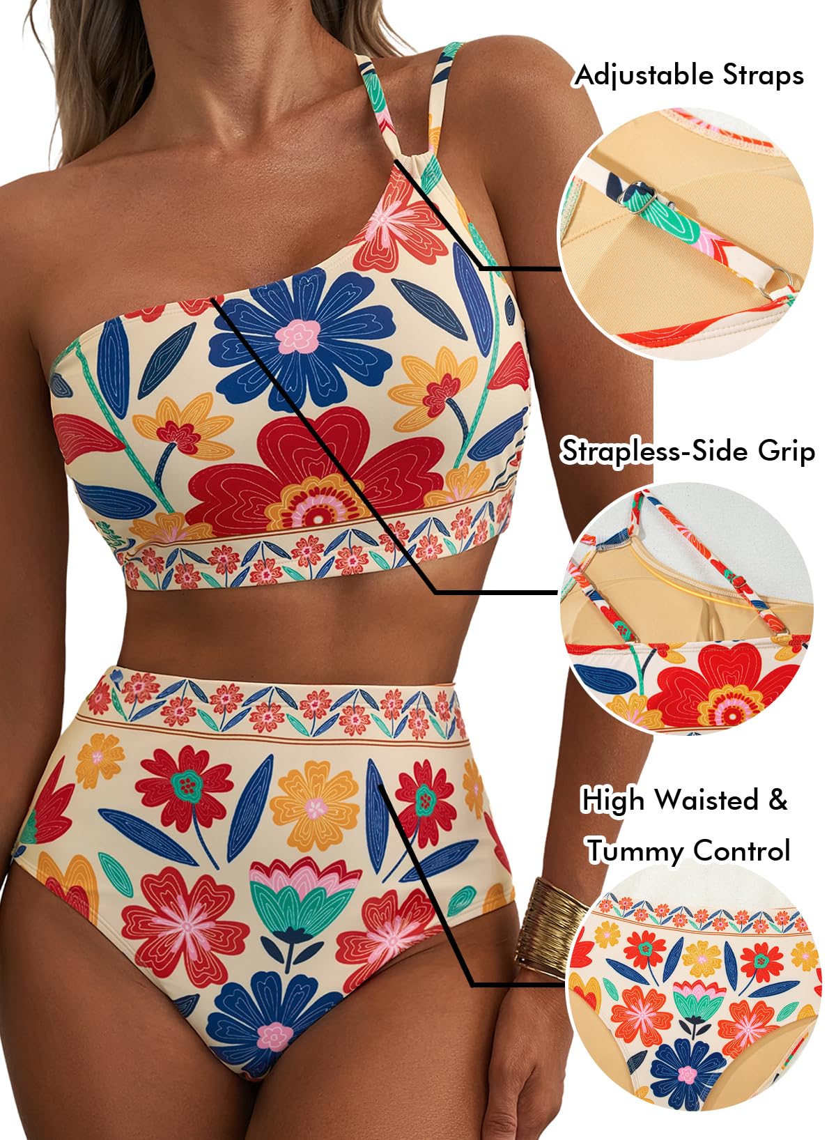 Herseas Women Bikini Sets One Shoulder Supportive Swimsuits Summer 2026 High Waisted Tummy Control 2 Piece Bathing Suits Fashionable Athletic Outfits Teen Girls Multicolor Floral X-Large