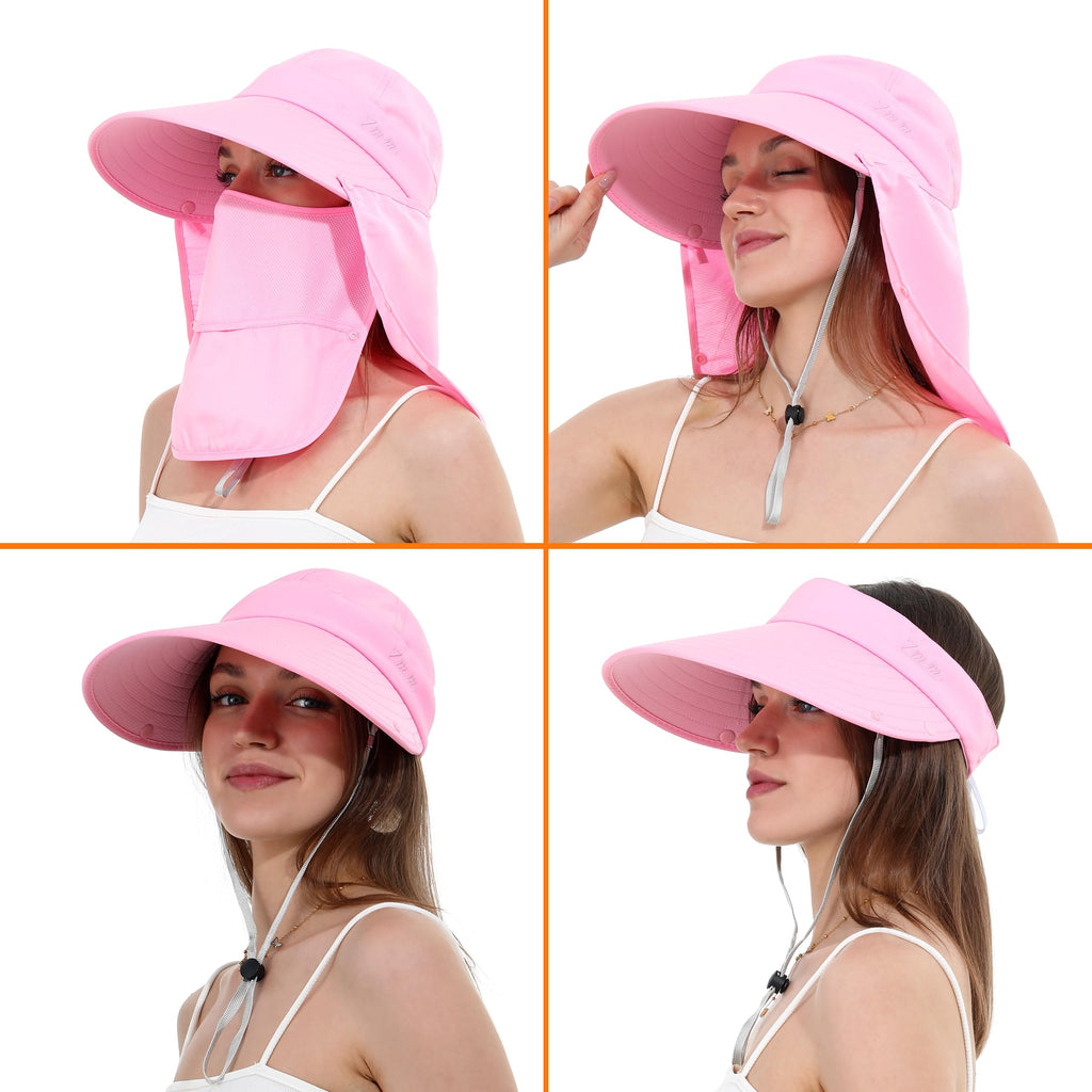 LA CARRIE Women Sun Hats Detachable Wide Brim UV UPF 50+ Face Mask Visor with Neck Flap Hat for Summer Beach(Pink)