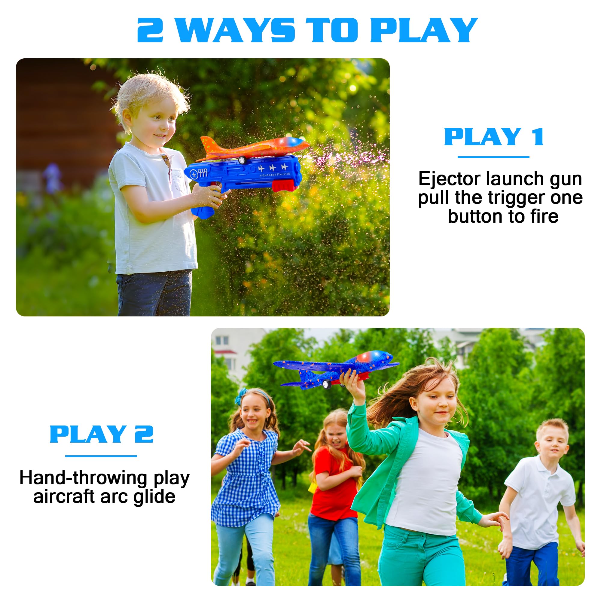 LJZJ 3 Pack Airplane Launcher Toys, 2 Flight Modes LED Foam Glider Catapult Plane, Outdoor Flying Toy for Kids, Birthday Gifts for Boy Girl 3+ Year Old, B-Day Party Supplies