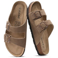 KIDMI Unisex Genuine Suede Summer Sandals Arch Support Cork Footbed Slide Sandals with Double Adjustable Buckle for Women Men, Mocha 39