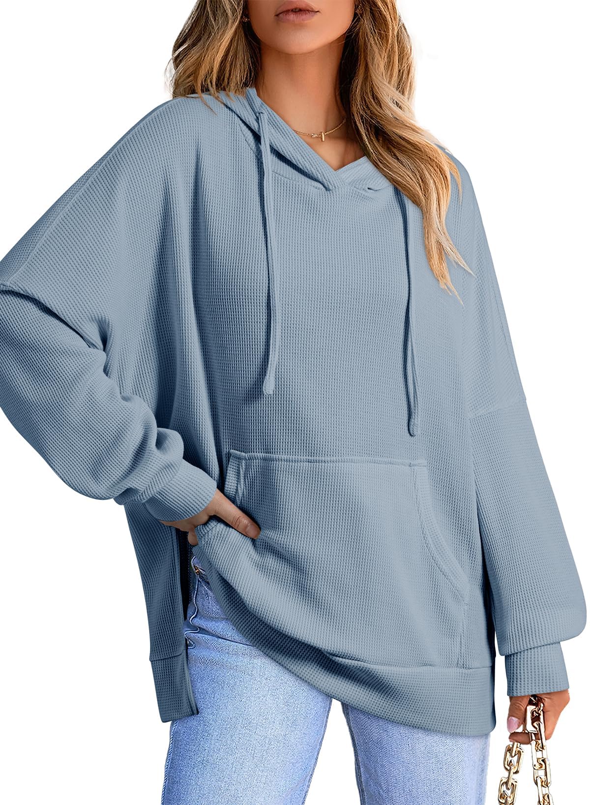 Dokotoo Womens Oversized Hoodie Casual Loose Fall Long Sleeve Sweatshirt Fall Outfits for Women 2025 Trendy Waffle Knit Side Slit Solid Color Hoodies with Pocket Sky Blue Small