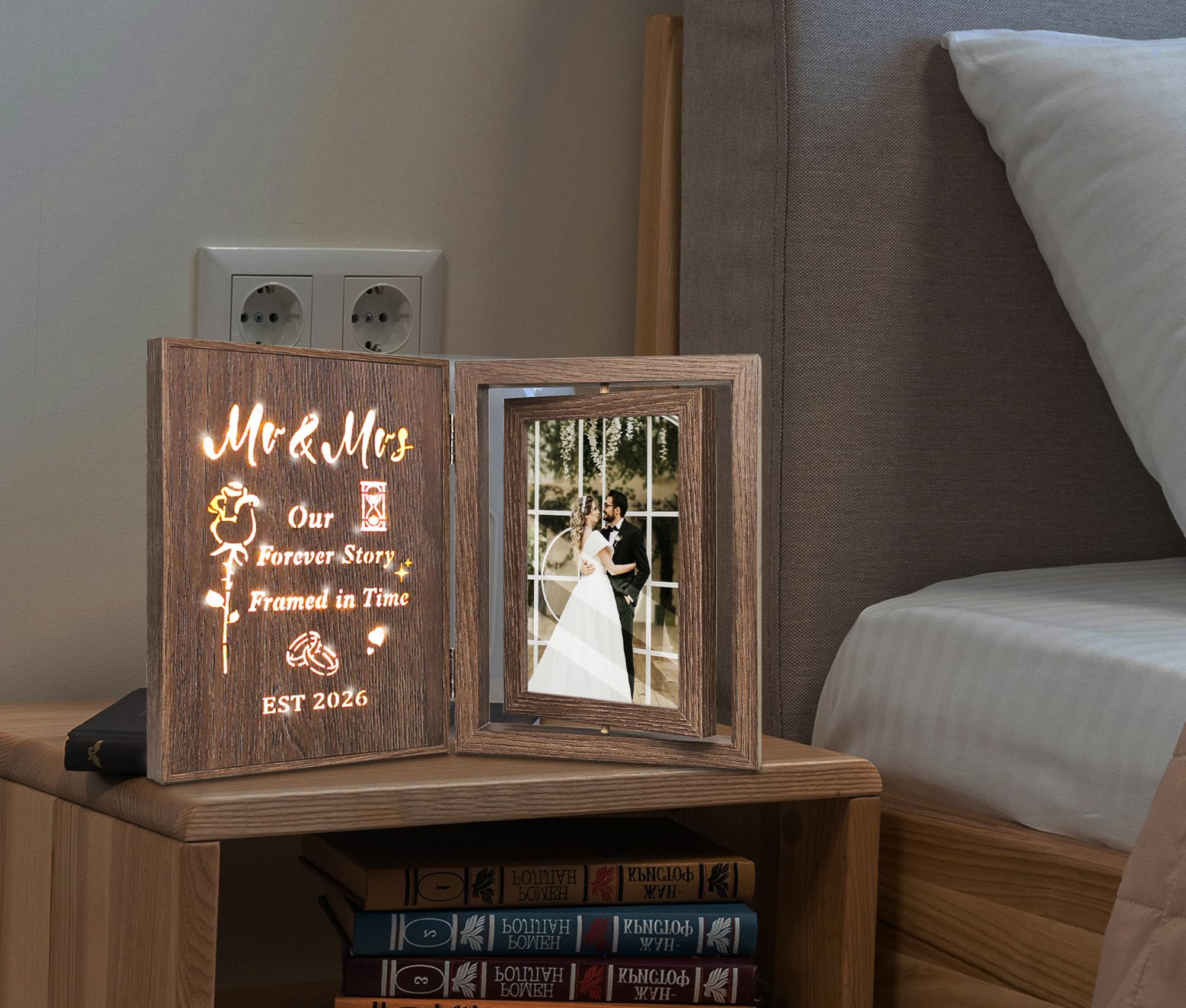 EYITUPC Wedding Gifts for Couples 2026 Light Up Mr and Mrs Picture Frame, Bridal Shower Gifts for Bride Groom, Rotating Wedding Photo Frames 4x6 for 2 Pictures