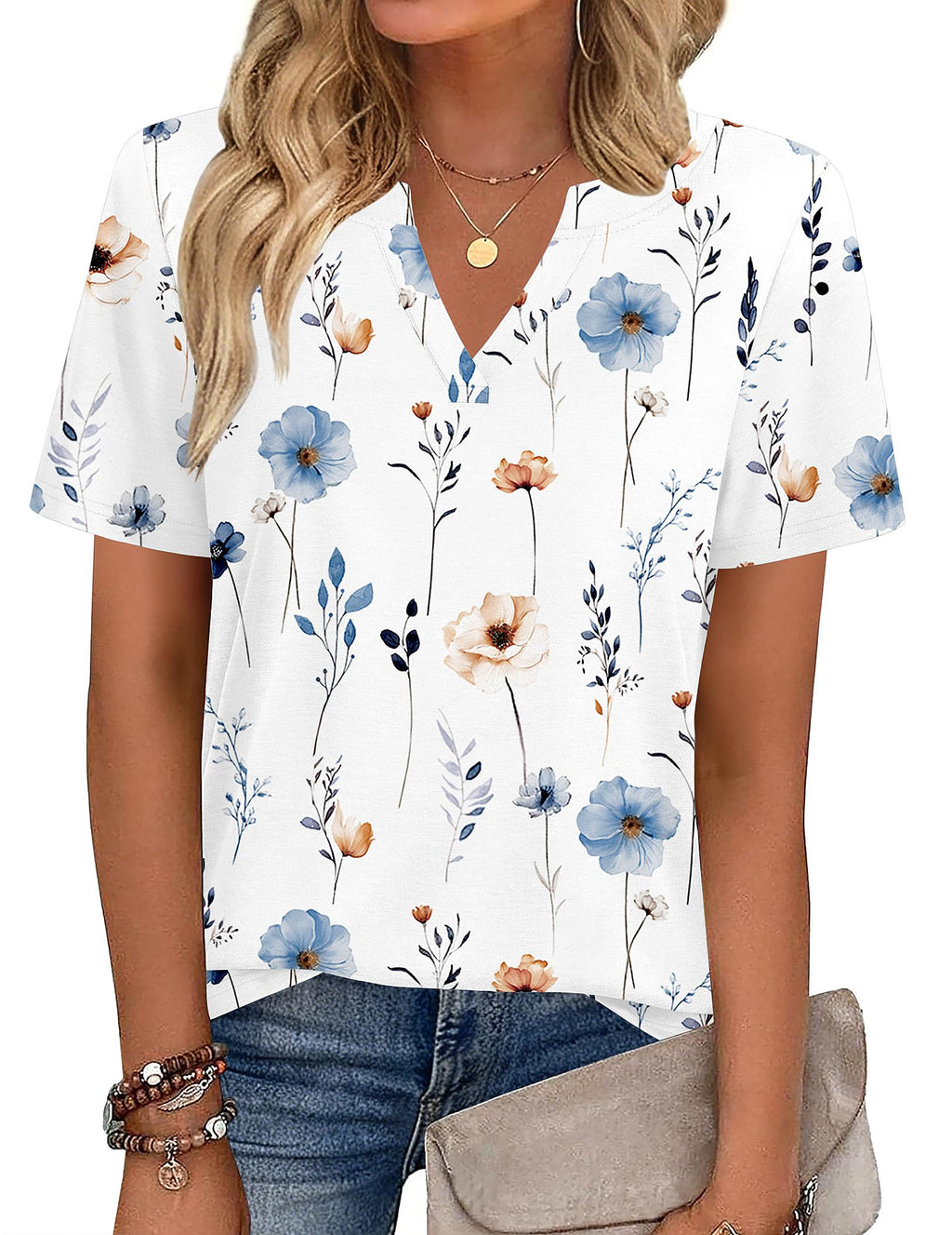 Zeagoo Shirts for Women Short Sleeve Floral Blouses Clothes Business Work Dressy Outfits White Flowers XL