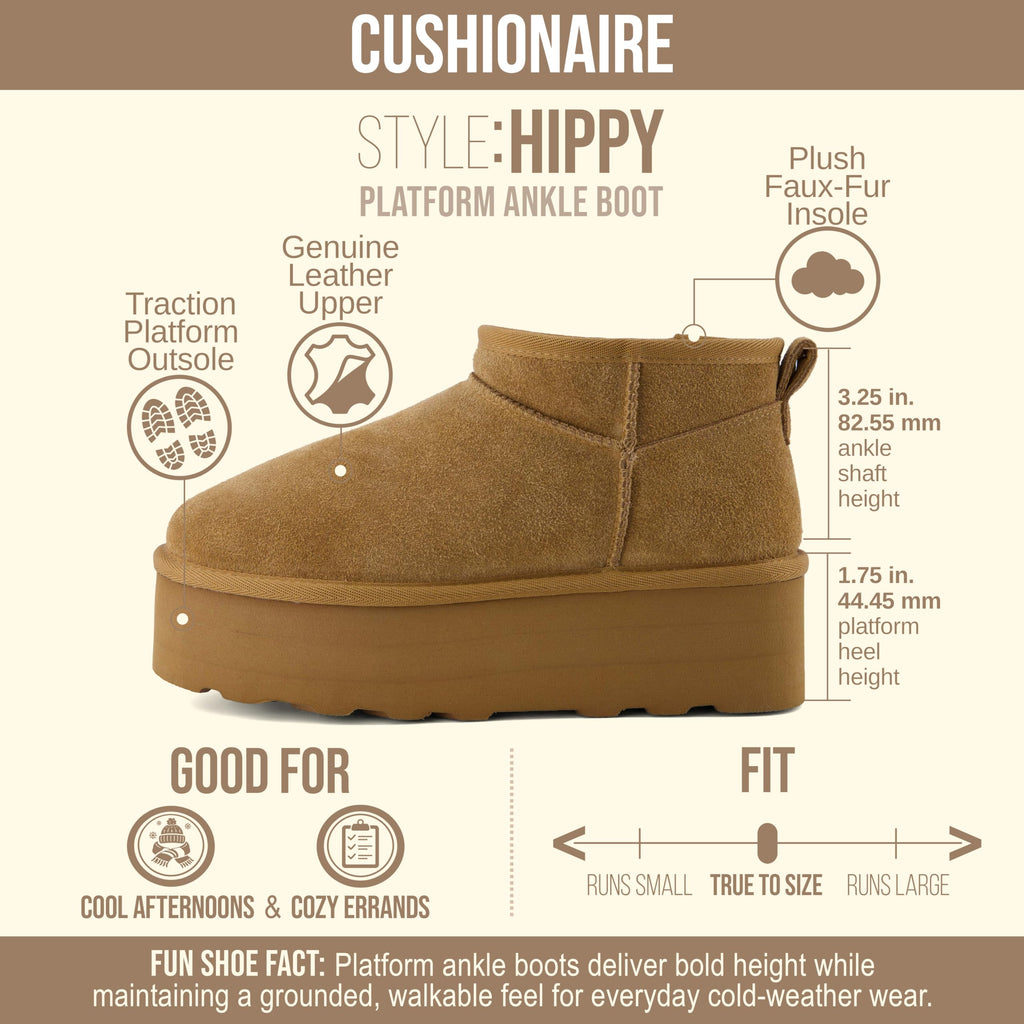 CUSHIONAIRE Hippy Women’s Platform Ankle Boots – Genuine Suede, Faux Fur Lining, Cozy Winter Slip-On Design Mini boots, CHESTNUT 7