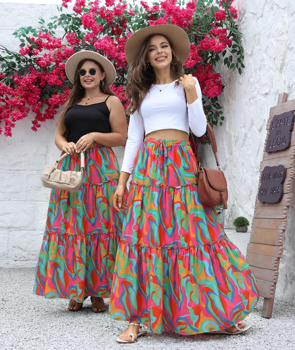 Trendy Lightweight Drawstring Tiered Ruffles Paisley Hippie Plus Size Bohemian Long Maxi Skirt with Deep Pockets Office Music Festival Travel Picnic Dating Fall Outfits Multicolor Abstract Wave L