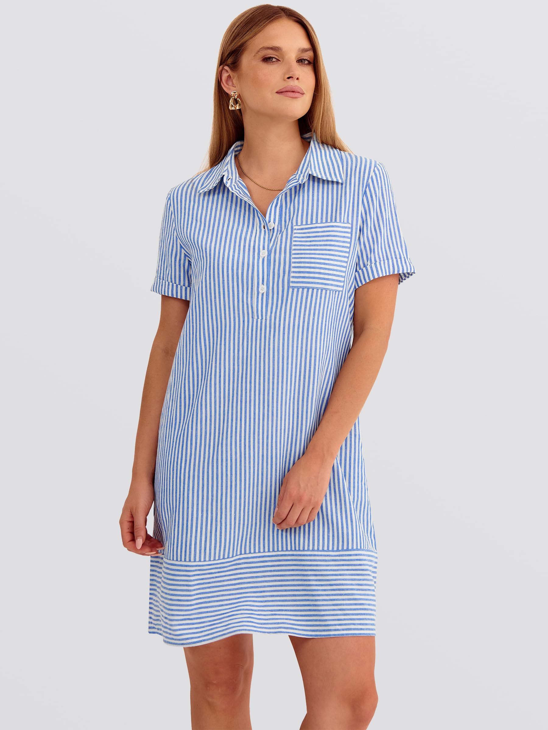 ANRABESS Womens Summer Shirt Dresses Casual Short Sleeve Button Tshirt Shift Short Polo Dress 2026 Beach Vacation Clothes Blue White Stripe Small