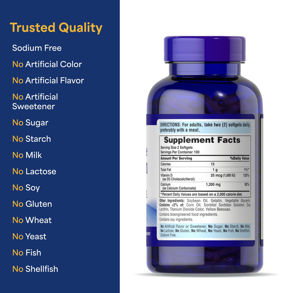 Puritan's Pride Absorbable Calcium 1200 mg Plus Vitamin D3 25mcg 1000 IU with Bone-Active™, 200 Rapid Release Softgels