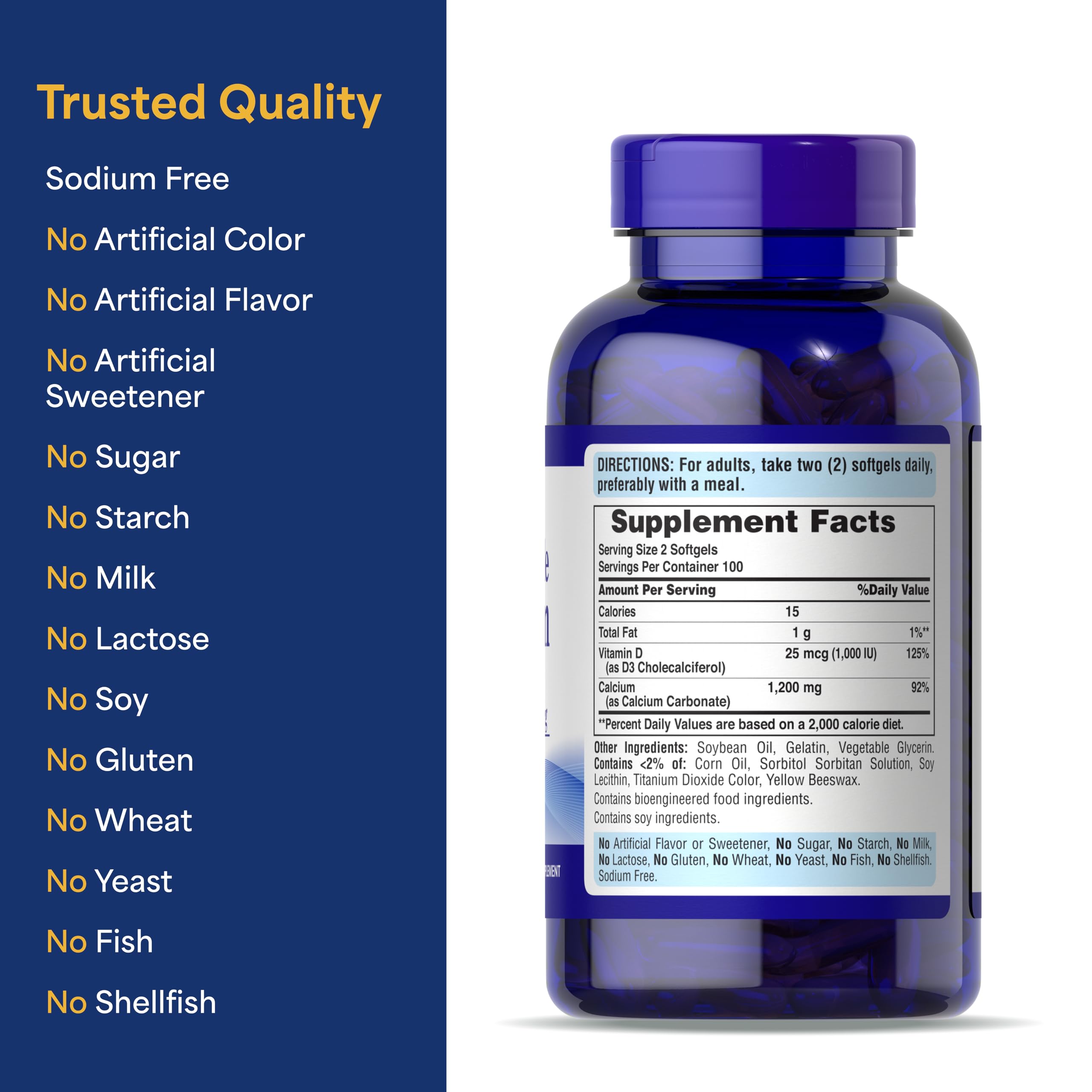 Puritan's Pride Absorbable Calcium 1200 mg Plus Vitamin D3 25mcg 1000 IU with Bone-Active™, 200 Rapid Release Softgels