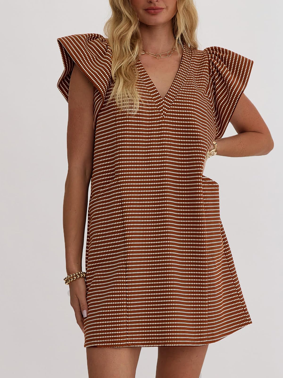 Mieazom Striped V-Neck Mini Dress for Women Puff Sleeve Casual Dress with Pockets, Comfortable & Stylish for Summer Brown-White Stripes XL