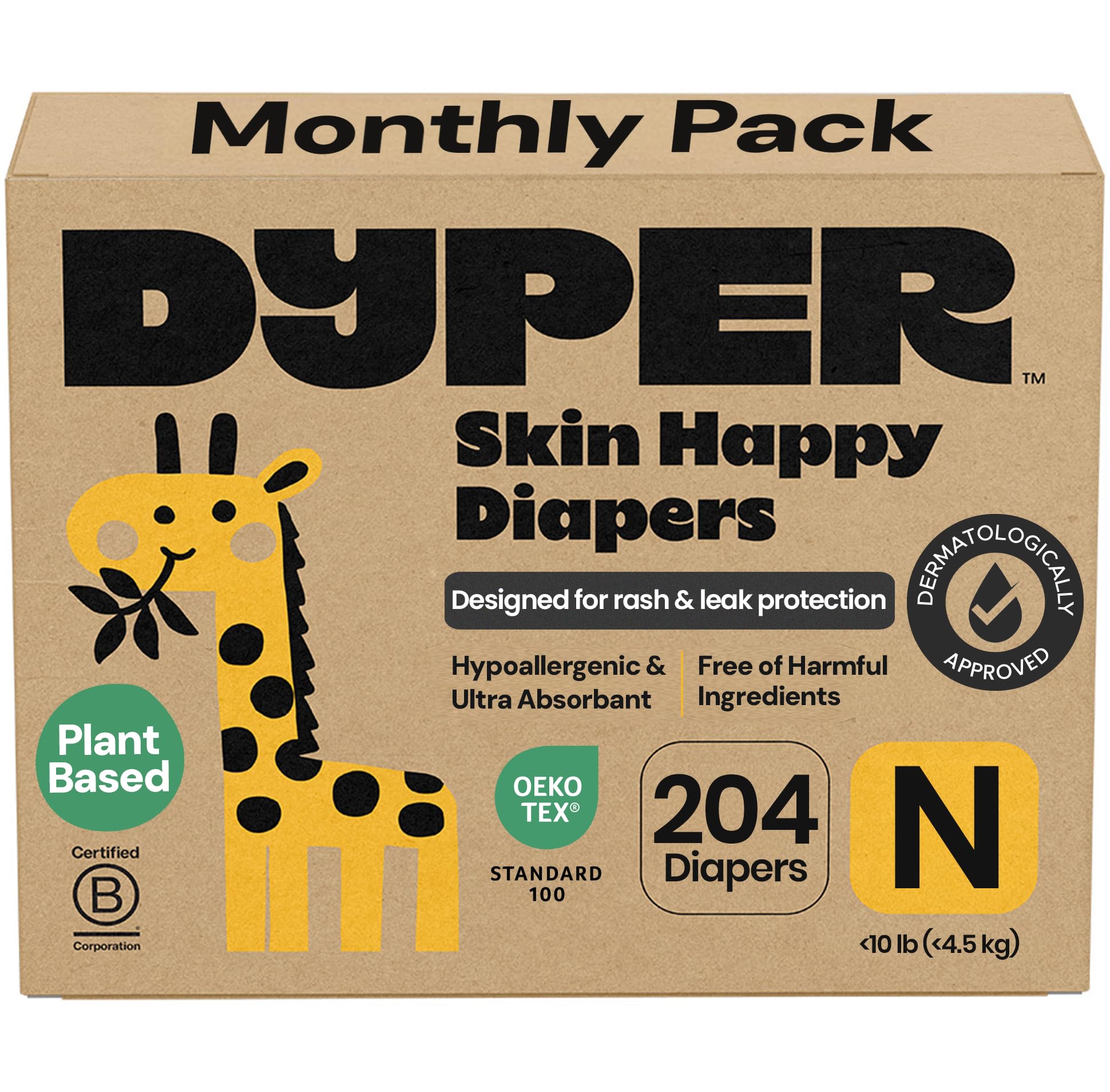 DYPER Monthly Pack Newborn Baby Diaper <10 lbs 204 Count - Leak-Proof & Plant Based, Hypoallergenic and Ultra Absorbent Newborn Diapers for Day and Overnight Skin Protection (Packaging May Vary)