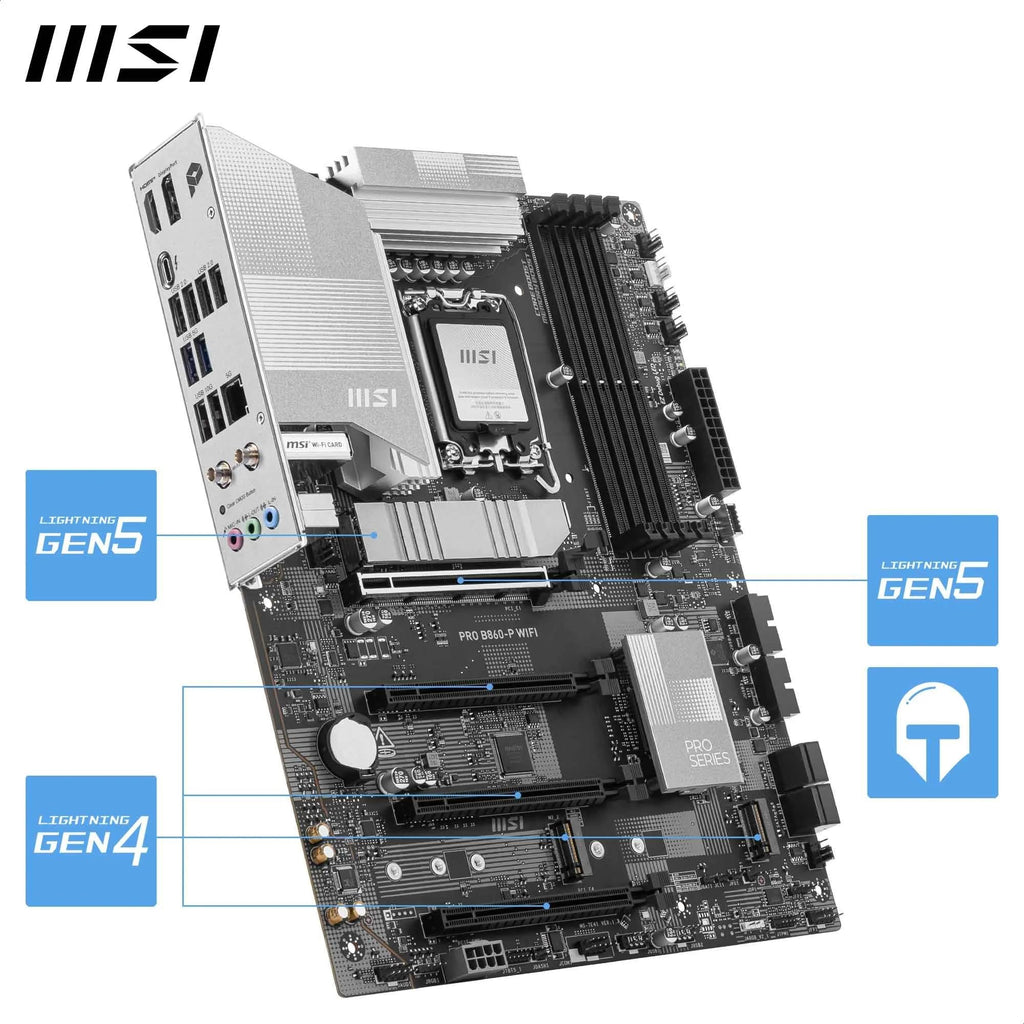 MSI PRO B860-P WiFi Motherboard, ATX - Supports Intel Core Ultra Processors (Series 2), LGA 1851-12 DRPS, DDR5 Memory Boost (8600+ MT/s OC), PCIe 5.0 x16 & 4.0 x16, M.2 Gen5, Wi-Fi 7, 5G LAN