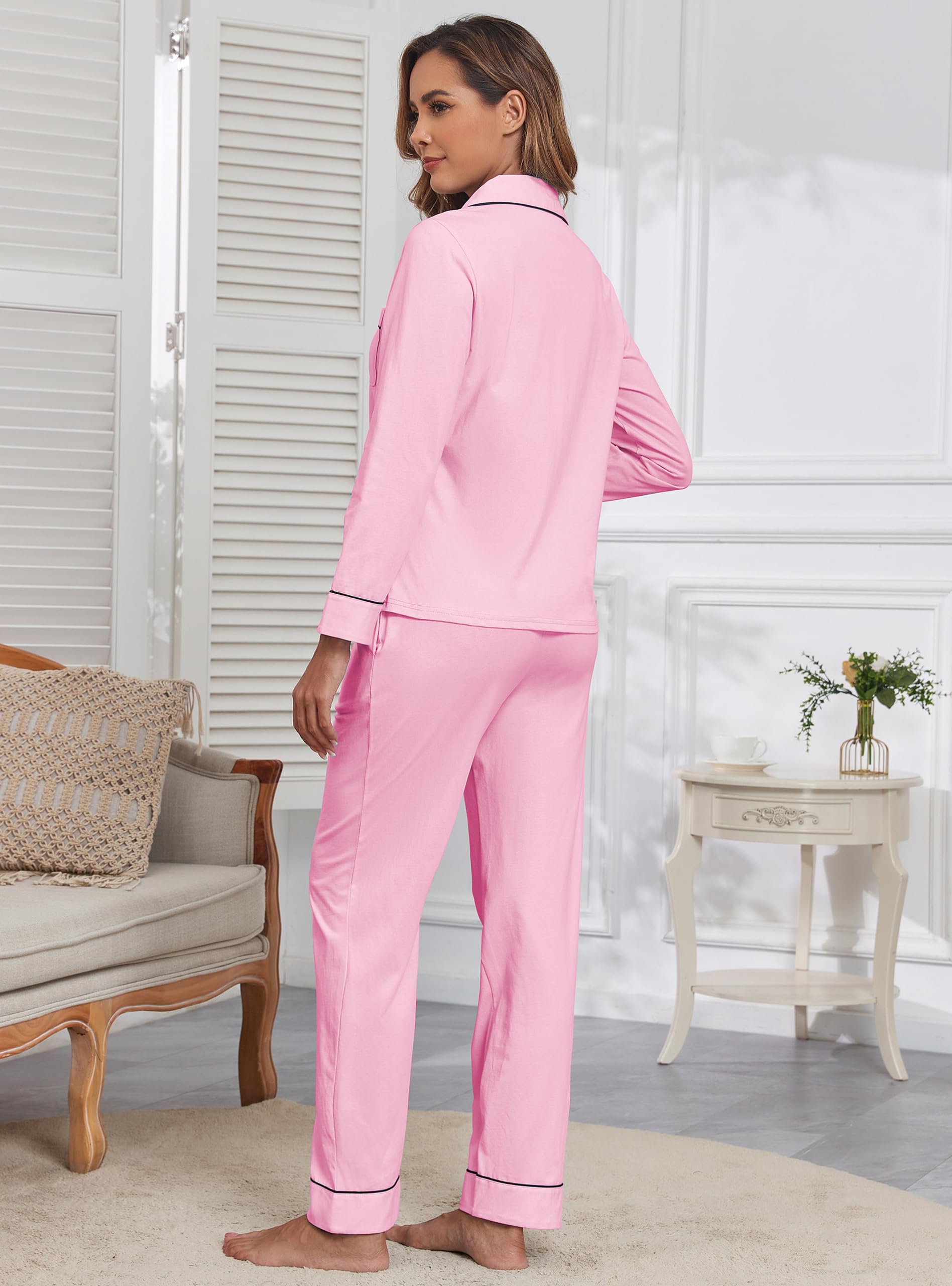 Veseacky 100% Cotton Pajamas for Women Set Long Sleeve Button Down Sleepwear Soft Pjs Lounge Sets with Pockets (Pink,XS)