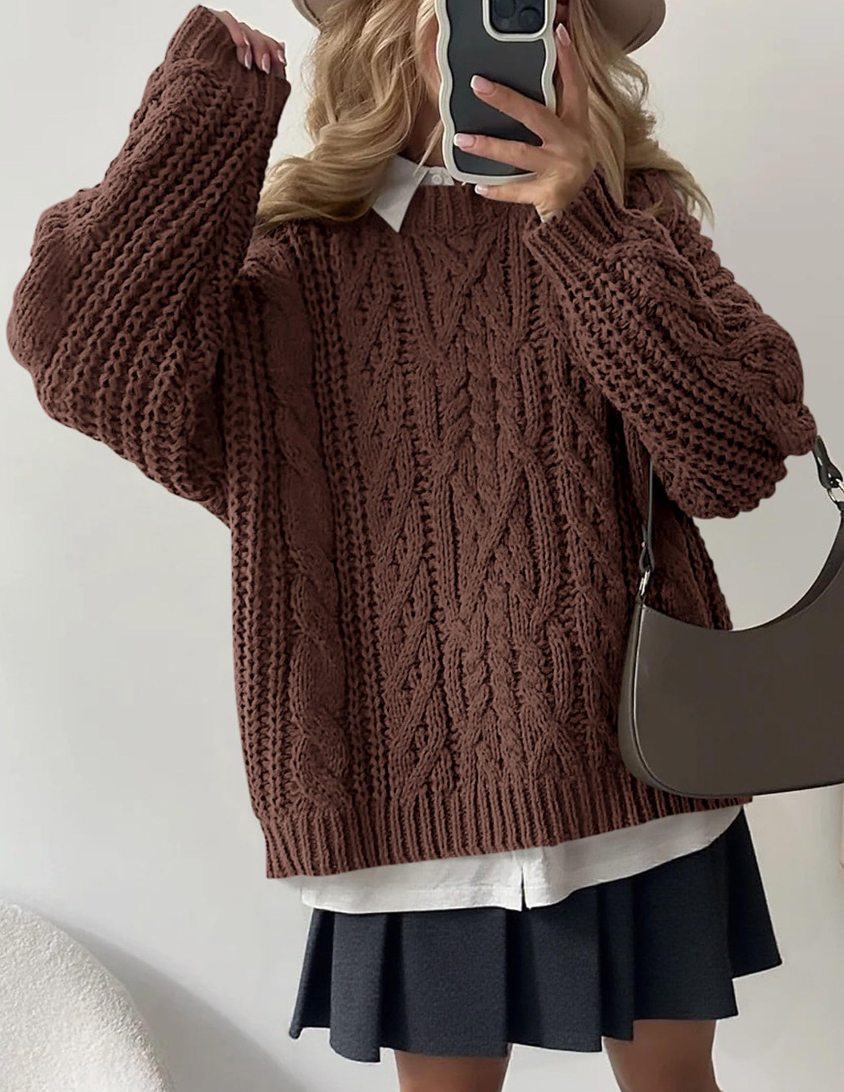PRETTYGARDEN Women's Oversized Fall Sweaters 2026 Casual Long Sleeve Crewneck Chunky Cable Knit Pullover Tops Winter Clothes (Coffee,Medium)