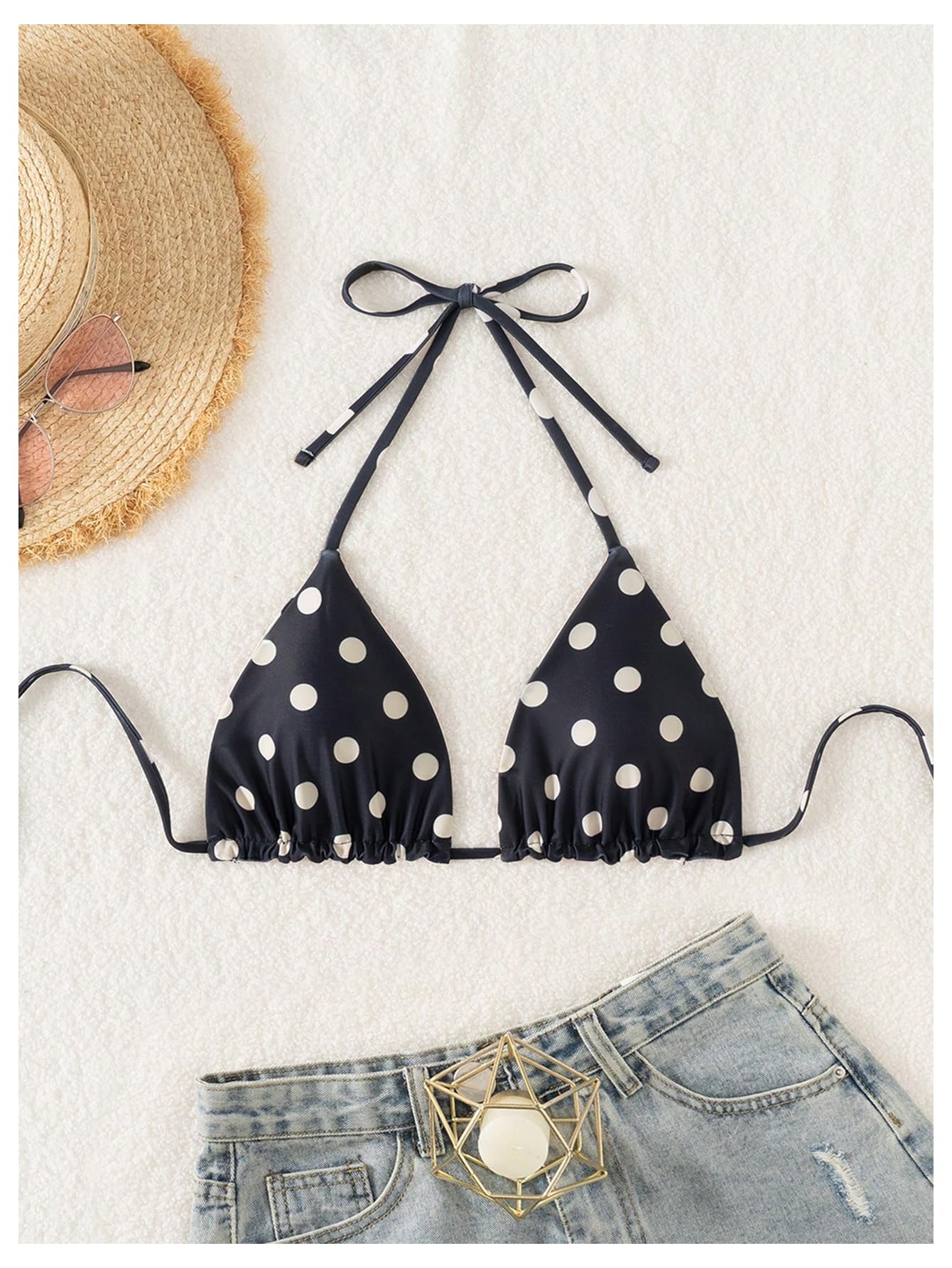 WDIRARA Women's Polka Dots Triangle Bikini Top Micro Halter Swimsuit Tops Black and White Medium