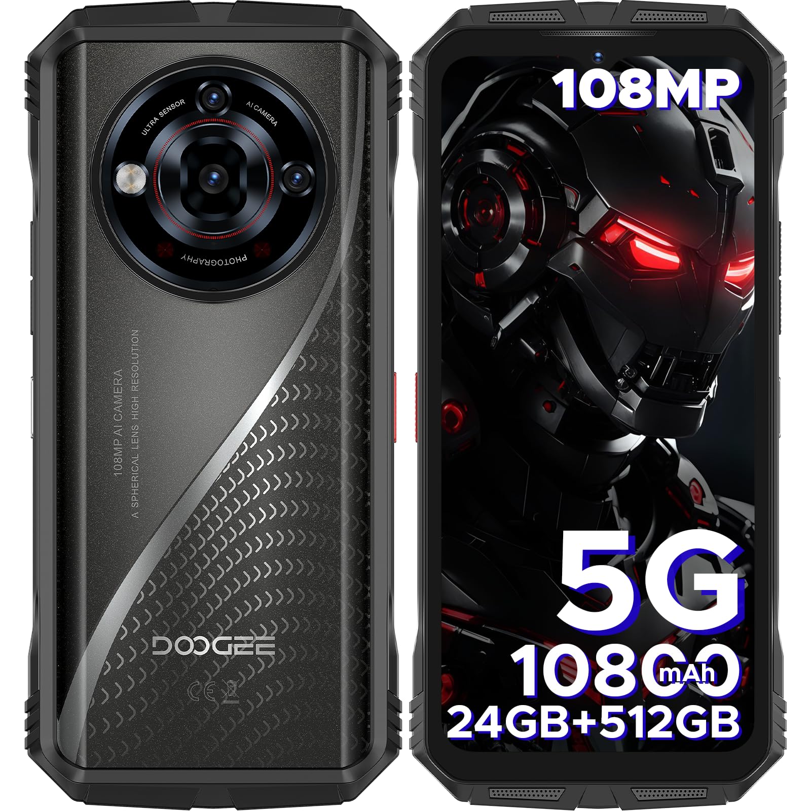 DOOGEE S118 Pro (2025) Rugged Phone 5G,10800mAh(33W) 24GB+512GB/2TB Rugged Smartphone Unlocked,DDR5,108MP+20MP Night Vision,6.6''FHD+120Hz Cell Phone,Dual SIM/Dual Unlock/NFC/GPS/OTG/WiFi 6