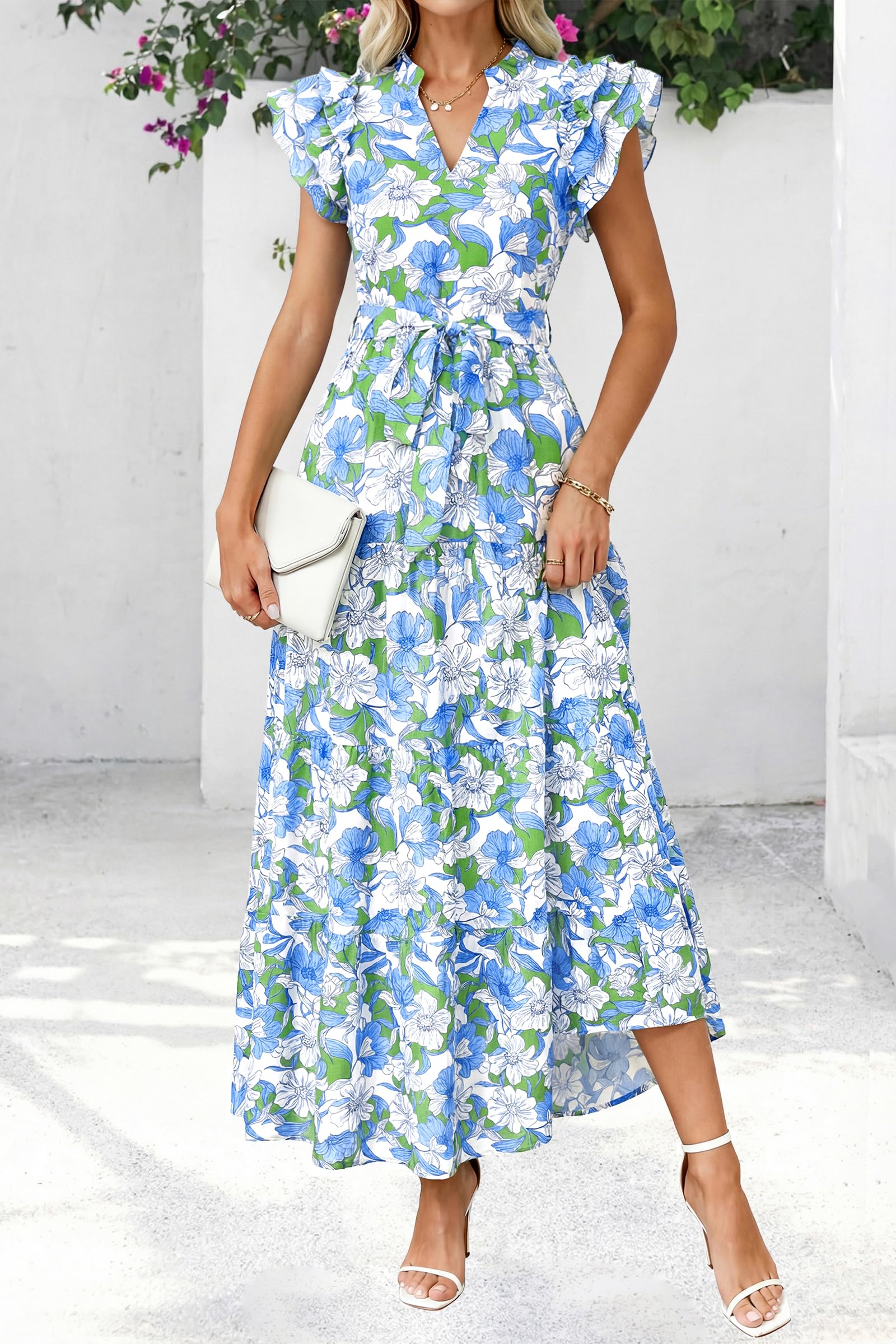 dowerme Women Summer Maxi Dresses 2026 Ruffle Sleeve V Neck Floral Boho Long Dress Belted Tiered Sundress with Pockets(Floral White Multicolored,Small)