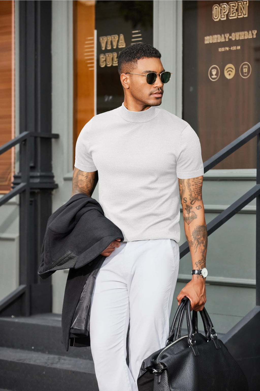 COOFANDY Mens White Mock Turtleneck Short Sleeve Sweater Casual Stylish Knitted Pullover Slim Fit Dress Sweater Basic Tops All White Large