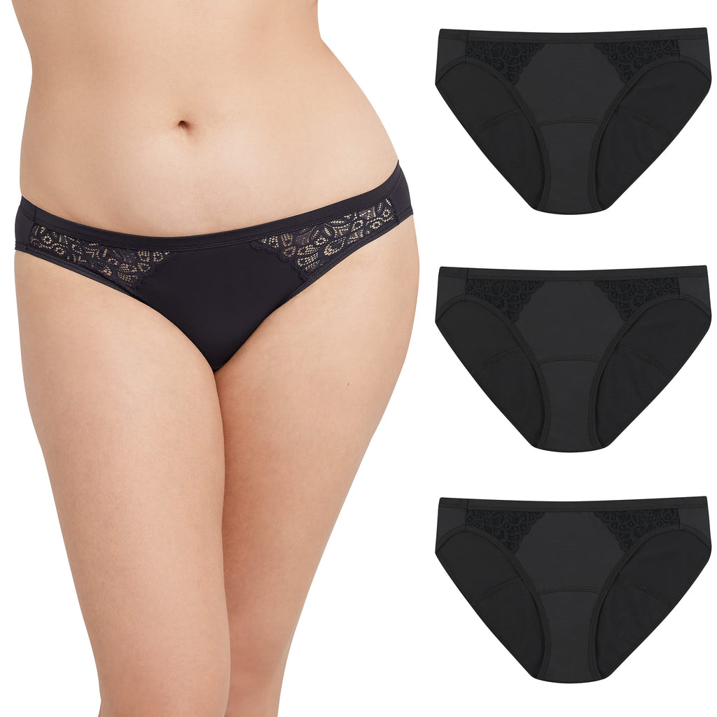 Maidenform Women's Moderate Protection Period Bikini Panties, Built-in Liner, Odor Guard, 3-Pack, Black, Black, Black