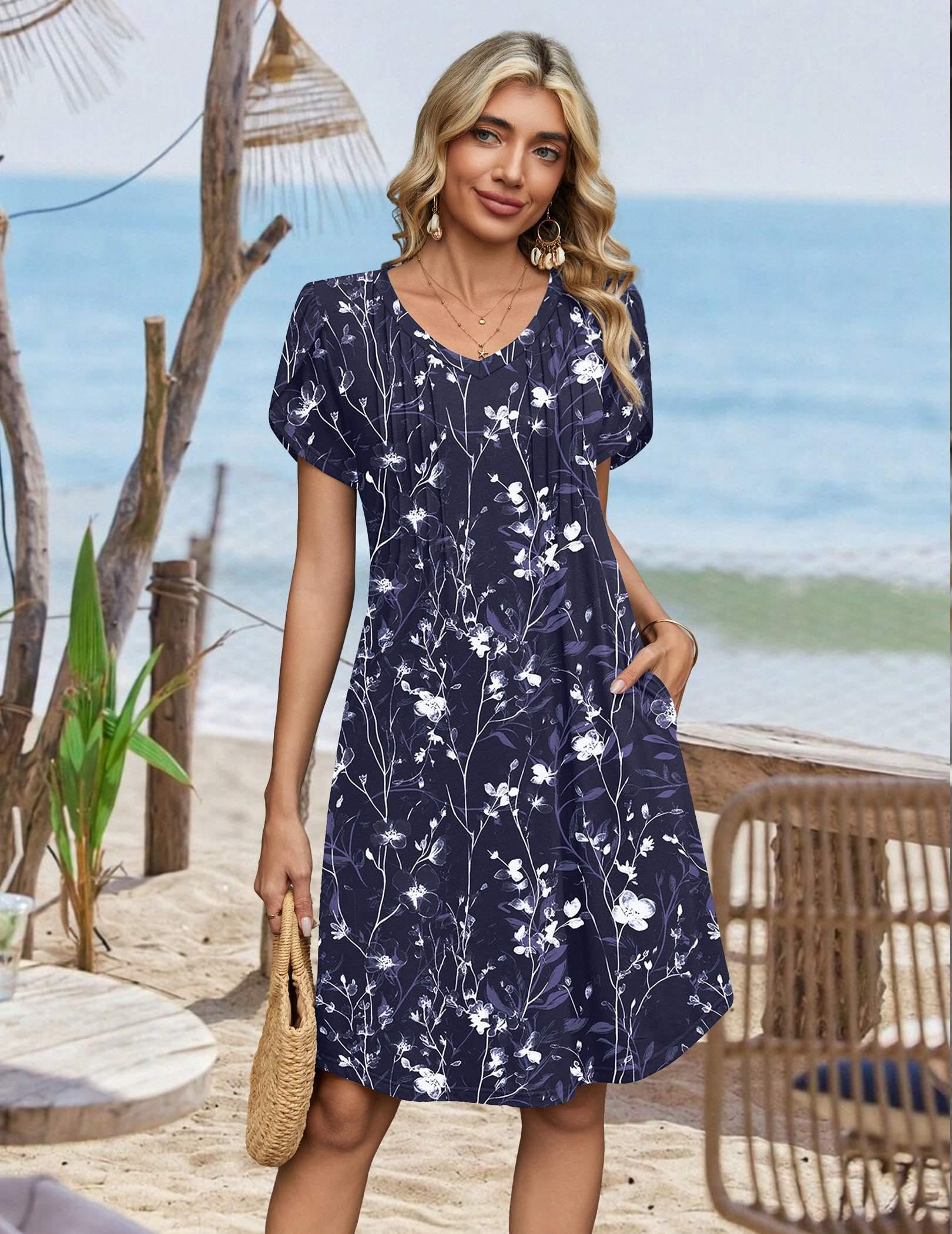 Zeagoo Summer Dresses for Women Flowy Spring Dresses 2026 Casual Floral Dress Pleated A Line Dress Boho Sundress, Navy Floral 03
