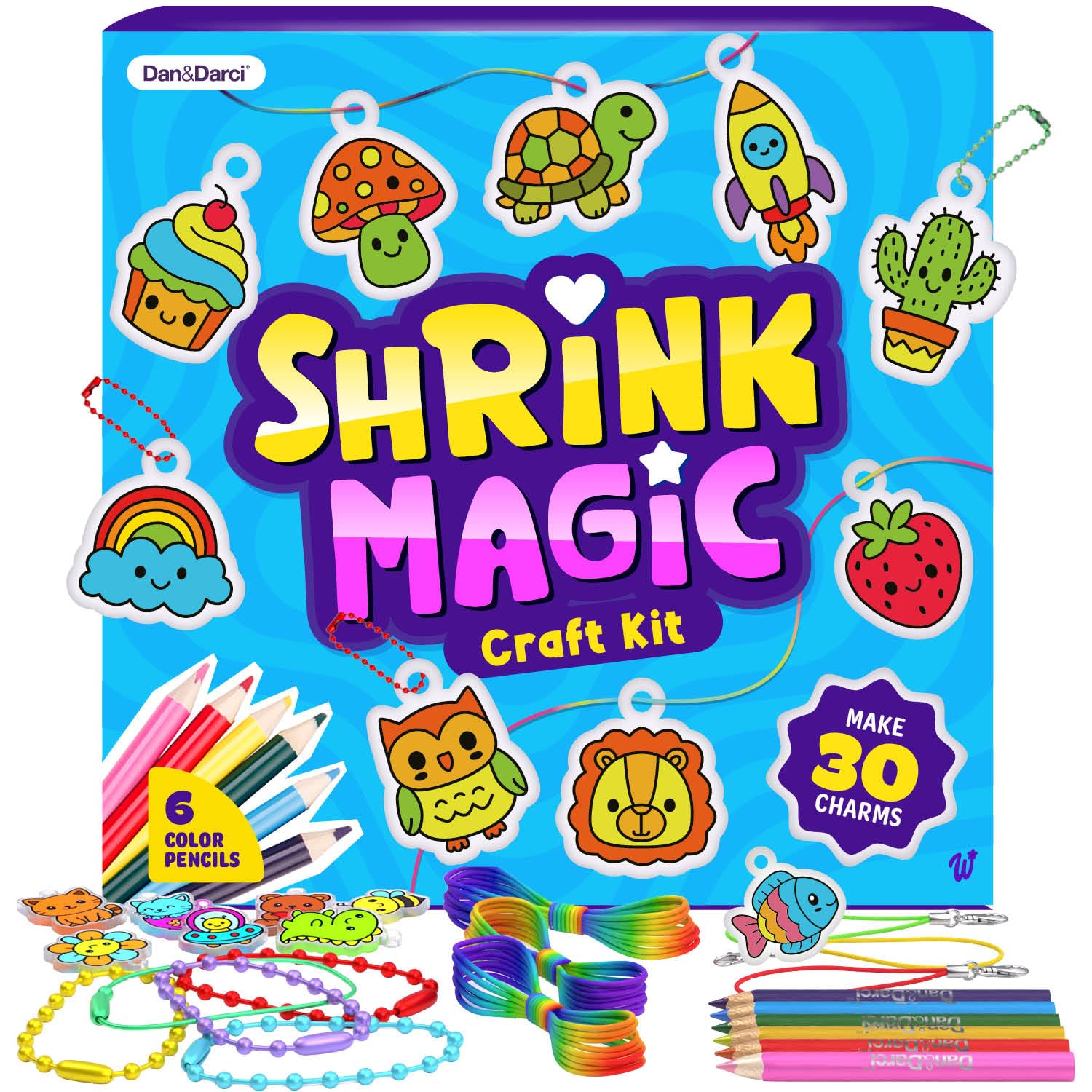 Dan&Darci Shrink Art Craft Kit for Girls and Boys Ages 6-12 - Shrink Magic Charm Making Kit with 30 Pre-Cut Shrink Plastic Templates - Kids Craft Birthday Gift for 7 8 9 10 Year Olds