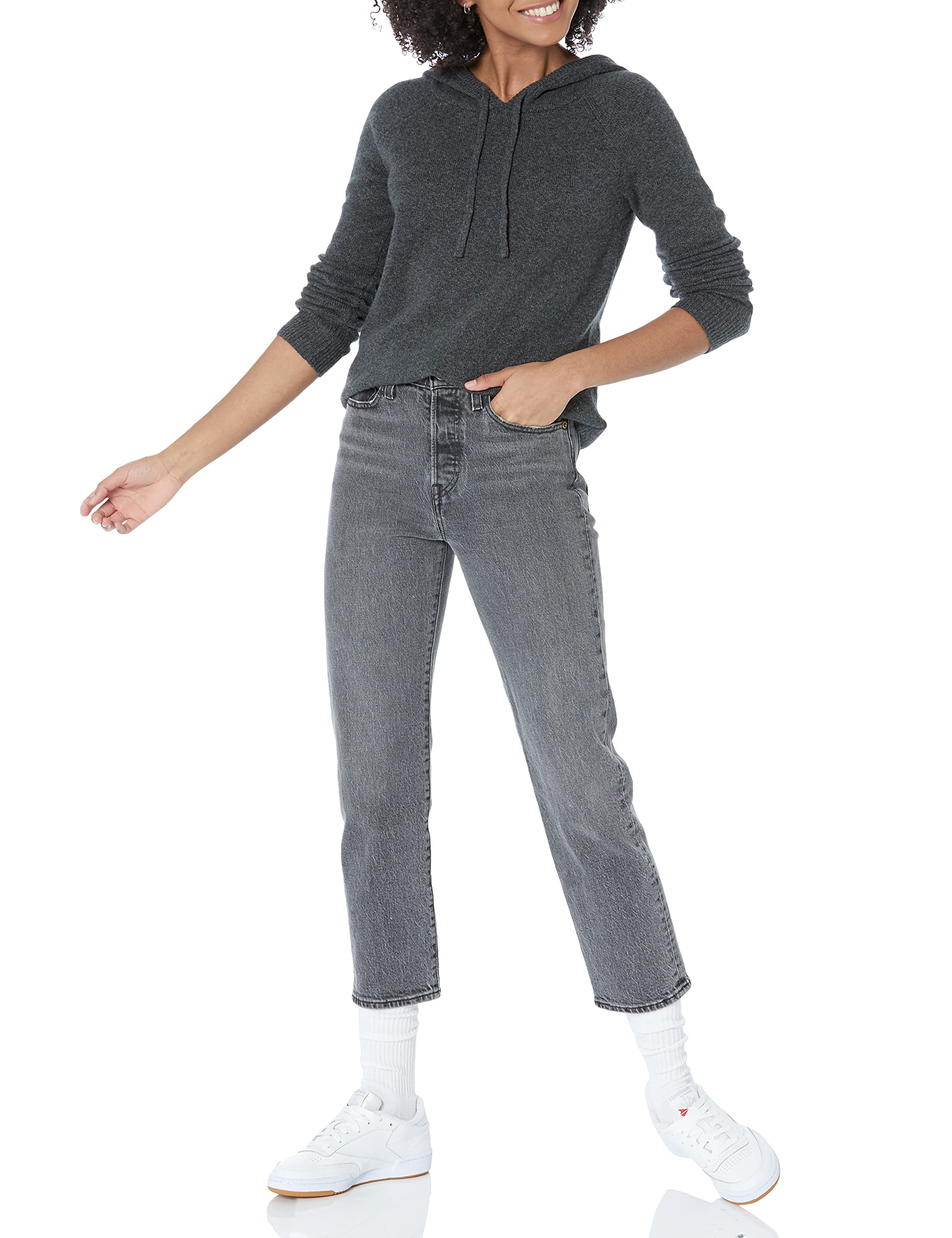 Amazon Essentials Women's Long Sleeve Soft Touch Hooded Pullover Sweater, Charcoal Heather, Large