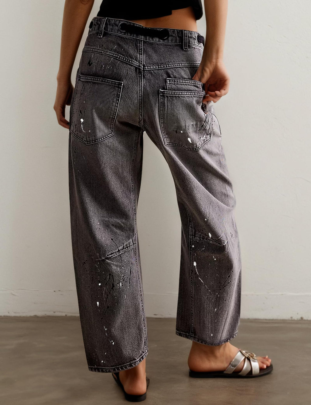 Mewunan Womens Pull-On Barrel Jeans Mid-Low Rise Boyfriend Drawstring Ankle Baggy Elastic Waist Stretchy Boho Denim Pants