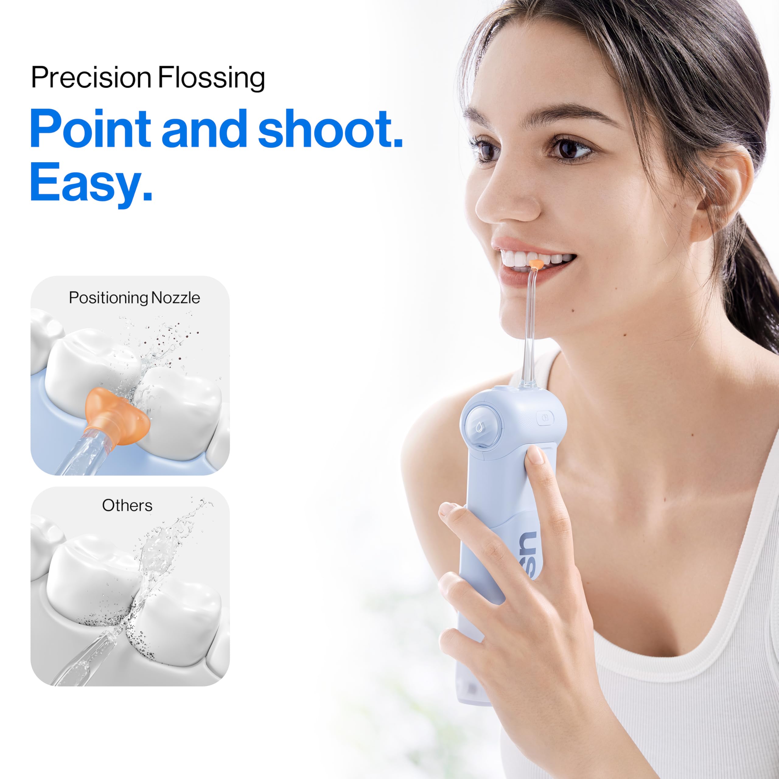 usmile C10 Portable Water Flosser – Travel-Friendly, 95-Day Battery, 4 Modes, 360° Nozzle, 180ml Tank, IPX7 Waterproof, Dentist-Recommended for Braces, Implants & Sensitive Gums (Blue)