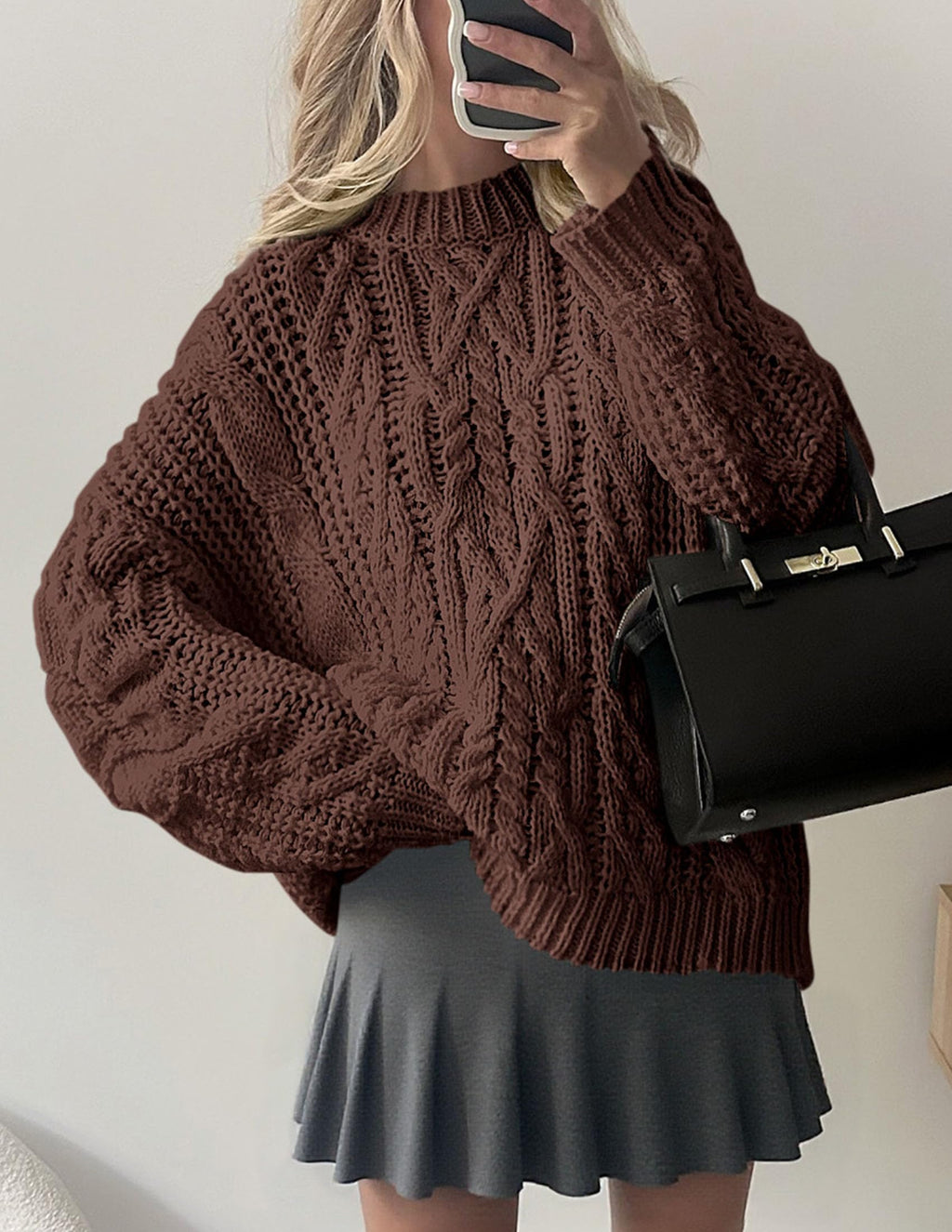 PRETTYGARDEN Women's Oversized Fall Sweaters 2026 Casual Long Sleeve Crewneck Chunky Cable Knit Pullover Tops Winter Clothes (Coffee,Medium)