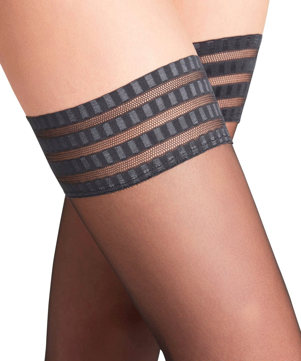 FALKE Women's Pure Matt Thigh Highs, Sheer 20 Denier, Thigh High Stockings with Modern Lace Trim, Non Slip Grips, Black (Black 3009), US shoe 7.5-8, 1 Pair