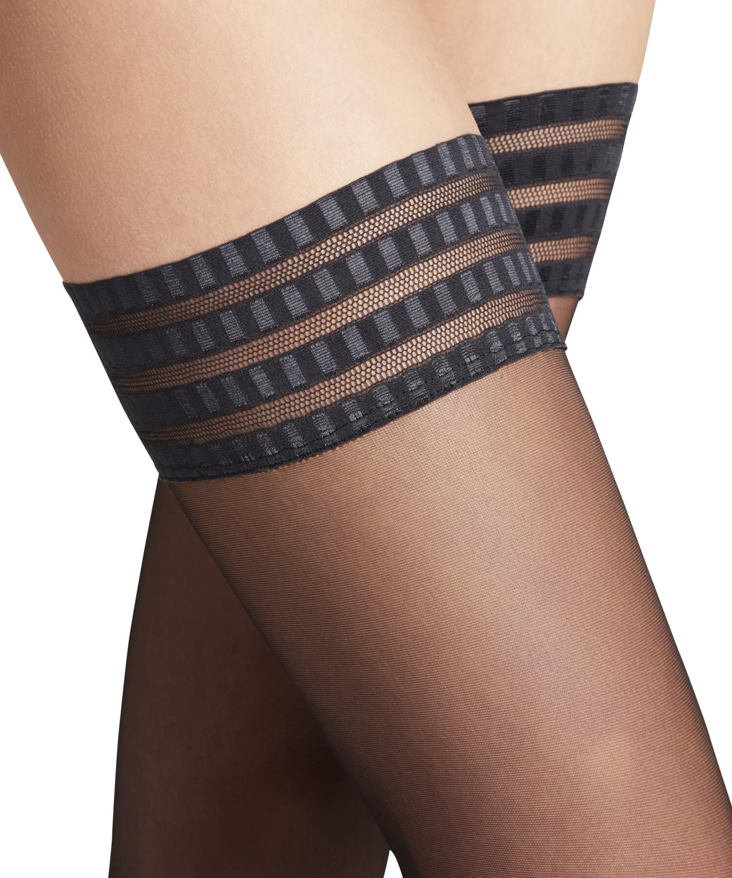 FALKE Women's Pure Matt Thigh Highs, Sheer 20 Denier, Thigh High Stockings with Modern Lace Trim, Non Slip Grips, Black (Black 3009), US shoe 7.5-8, 1 Pair