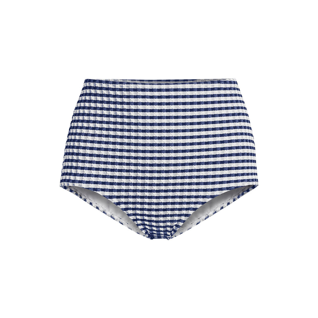 Lands' End Womens Tummy Control Gingham Tugless High Waisted Bikini Bottoms Deep Sea Navy/White Gingham Regular X-Small