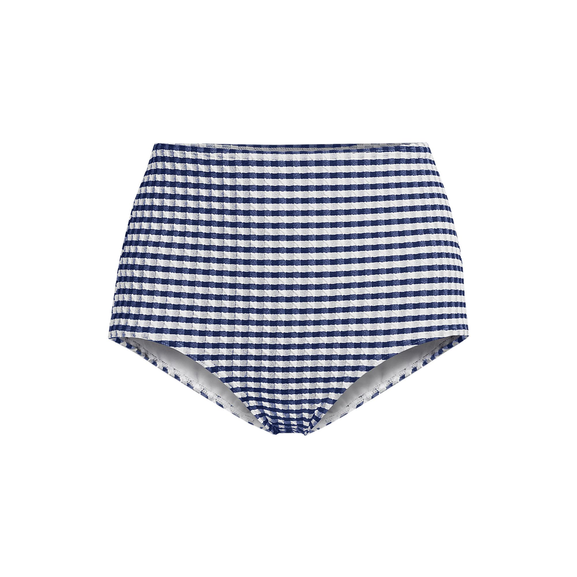 Lands' End Womens Tummy Control Gingham Tugless High Waisted Bikini Bottoms Deep Sea Navy/White Gingham Regular X-Small