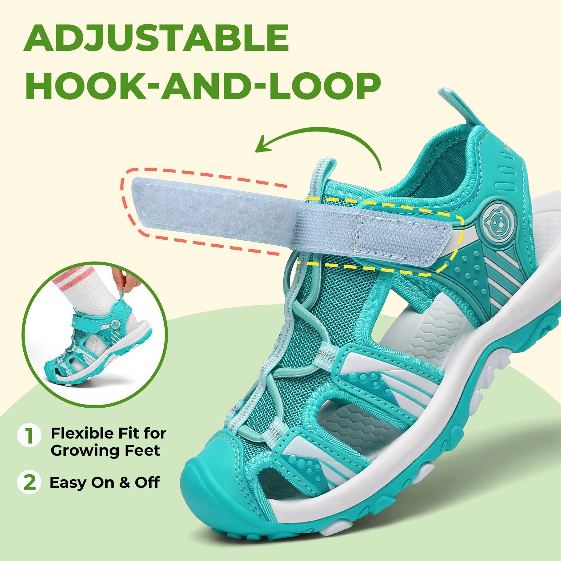 Mishansha Kids Closed Toe Sport Sandals for Boys Girls, Quick Dry Water Shoes with Adjustable Strap, Non Slip Beach Hiking Walking Sandals Green 1 Little Kid