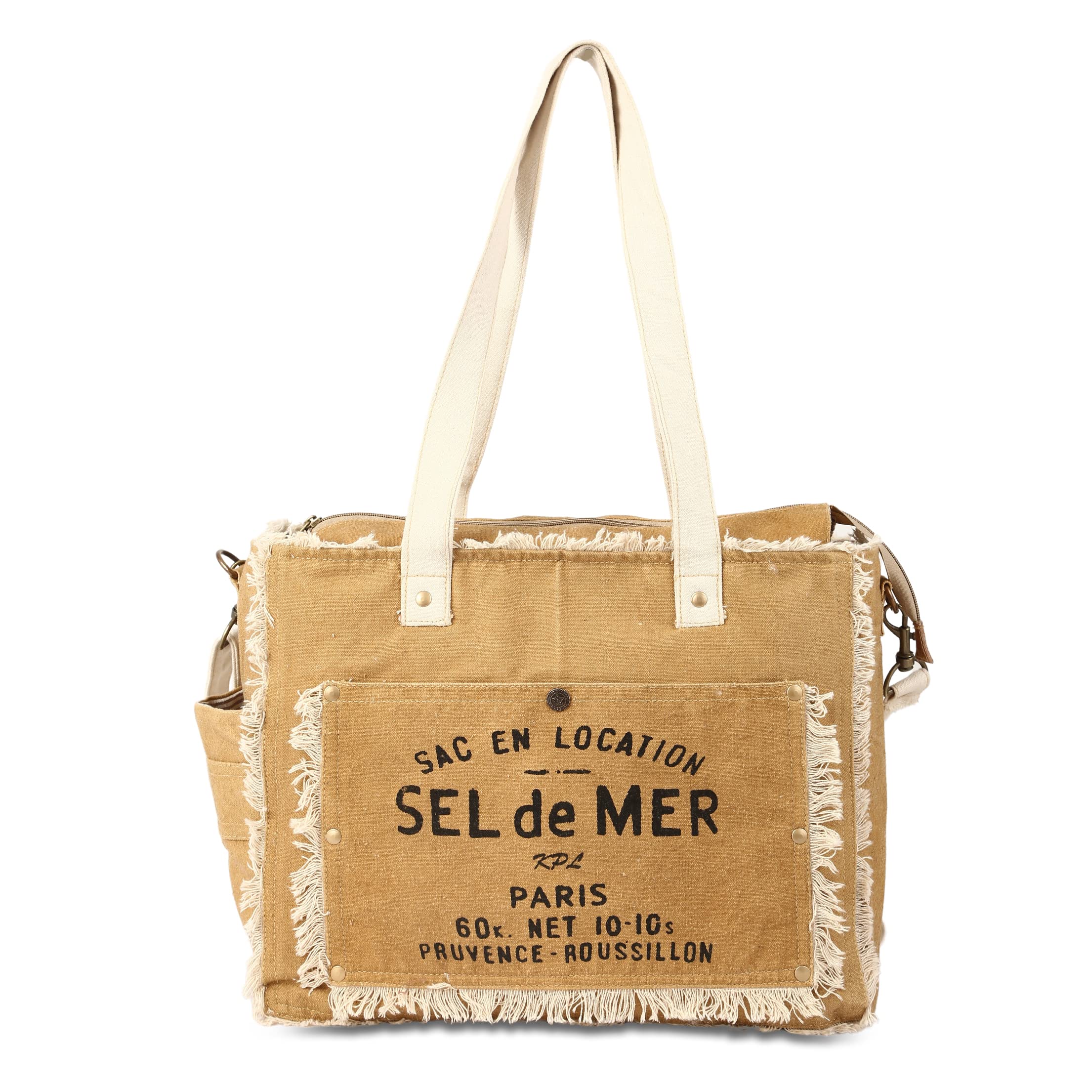 SEL de MER Upcycled Large Canvas Crossbody/shoulder Bag for women with removable shoulder strap canvas tote boho handbag (Khakhi)