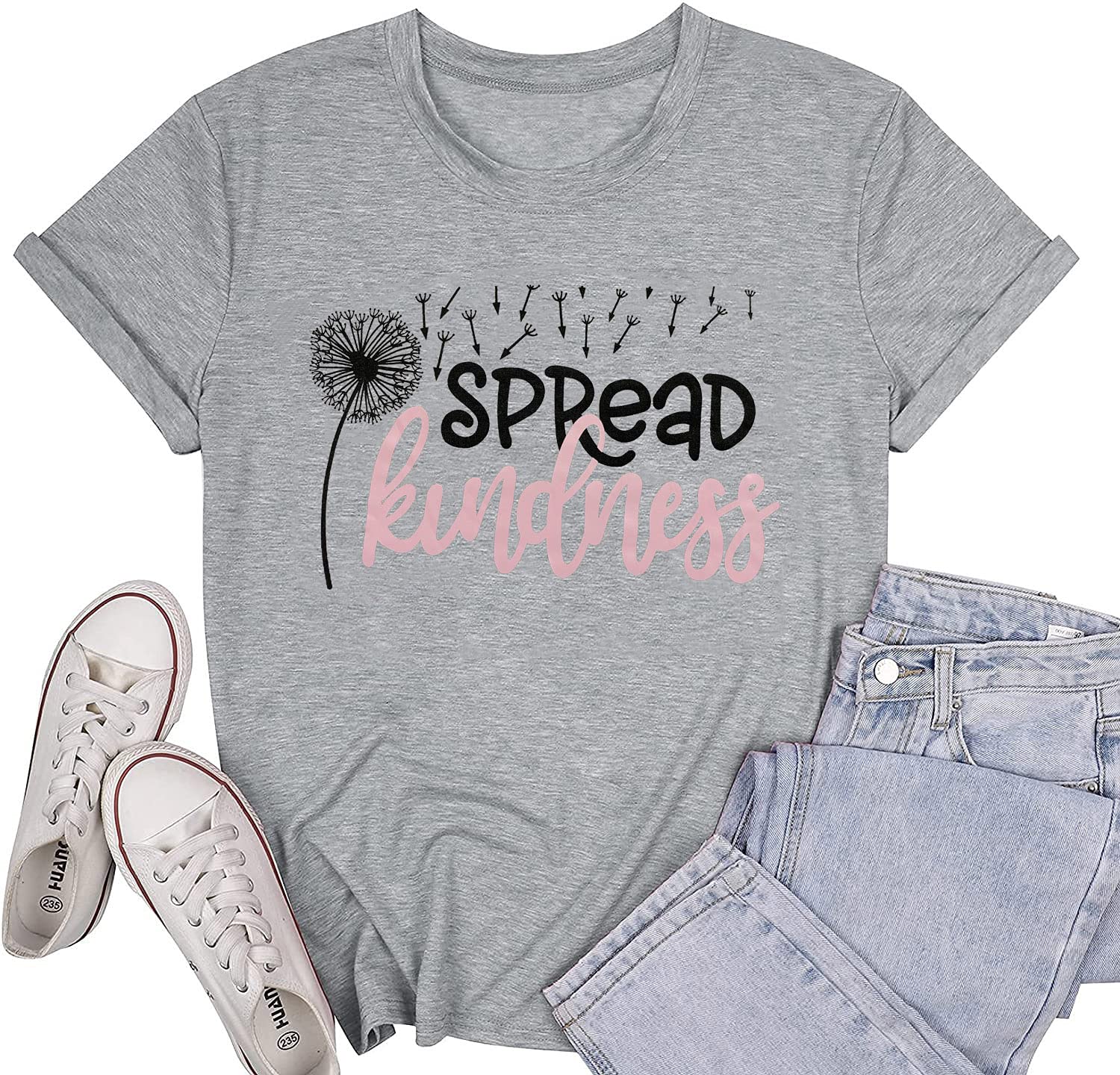 Women Spread Kindness Shirt Dandelion Graphic Top, Grey L