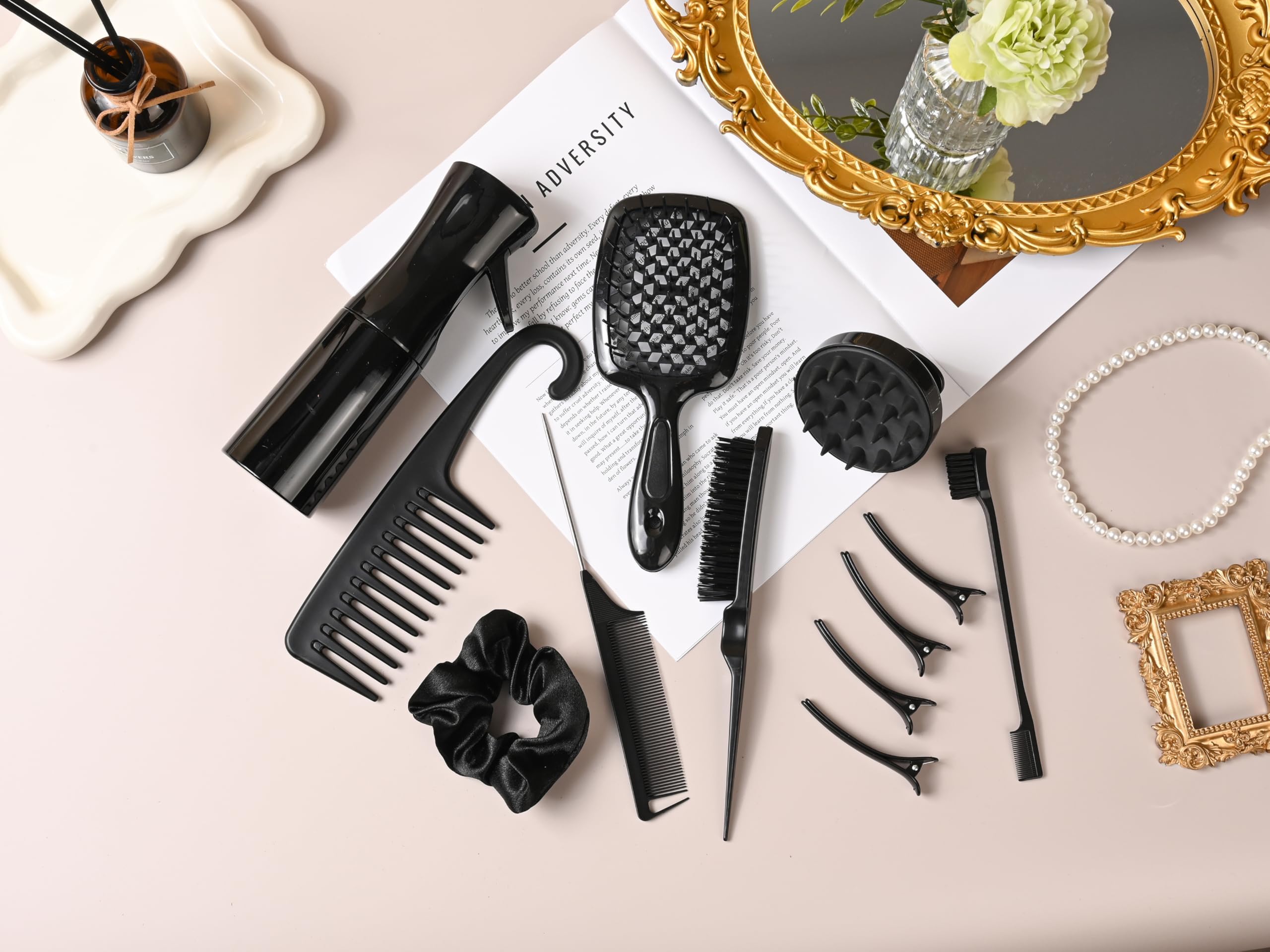 12 Pcs Hair Styling Brush Set with Detangler, Teasing, Rat Tail, Edge Brushes and Baby Hair Brushes - Soft Bristles for Baby Girls and Women (Black)