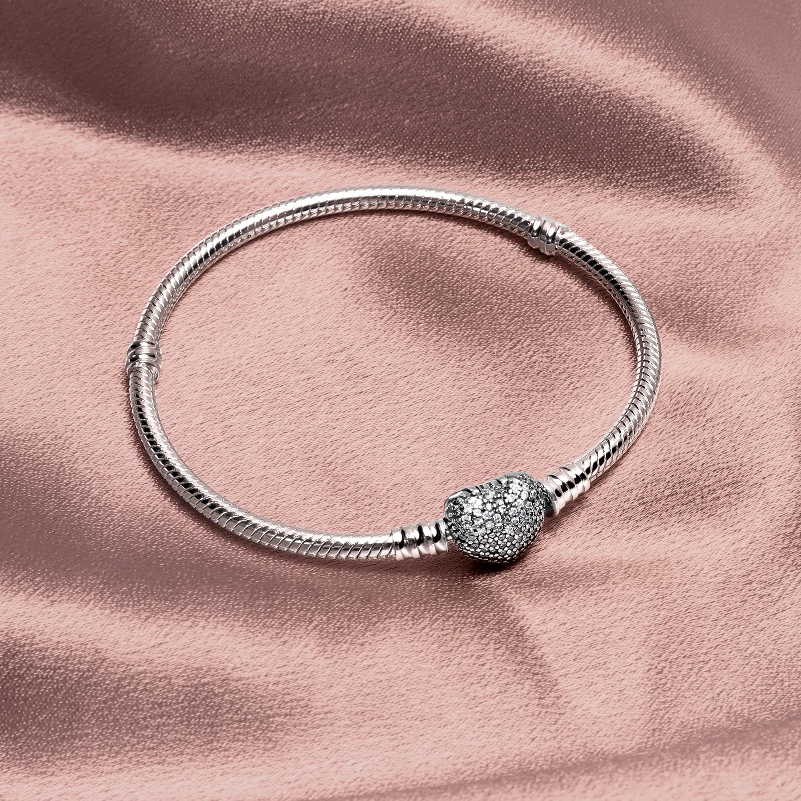 WAKCTFERG Charm Bracelet Fit For Charm beads, 925 Sterling Silver Cubic Zirconia Heart Clasp Snake Chain Bracelet Fit Any Charm Gift for Women Girl Suitable for people aged 12 to 80 (ZLL-10, 7.9in/20cm)