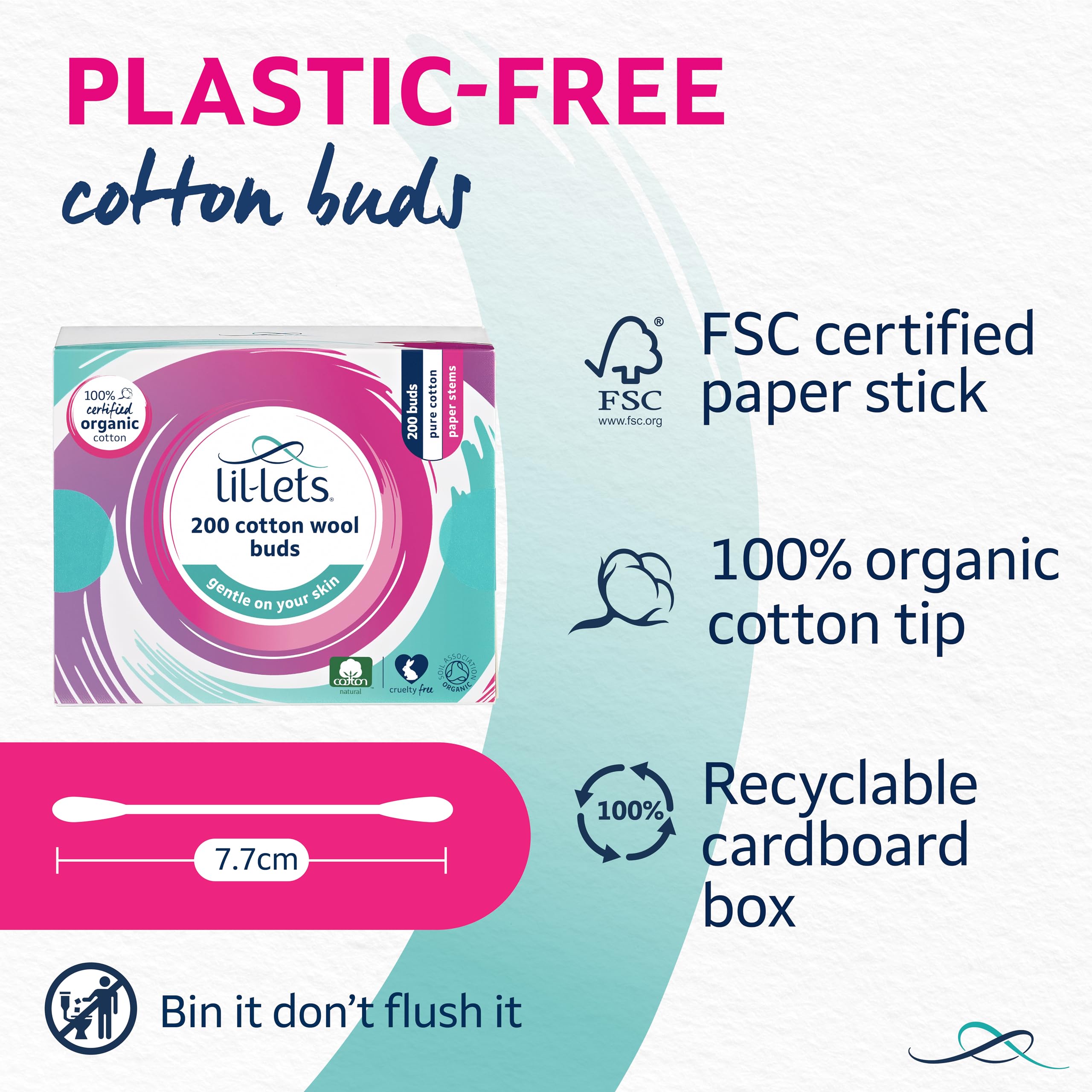 Lil-Lets Cotton Wool Buds, Certified Organic, 100% Pure Cotton Wool Tips, Durable Paper Stems, Plastic Free Cotton Buds, Dermatologically Tested, Pack of 200