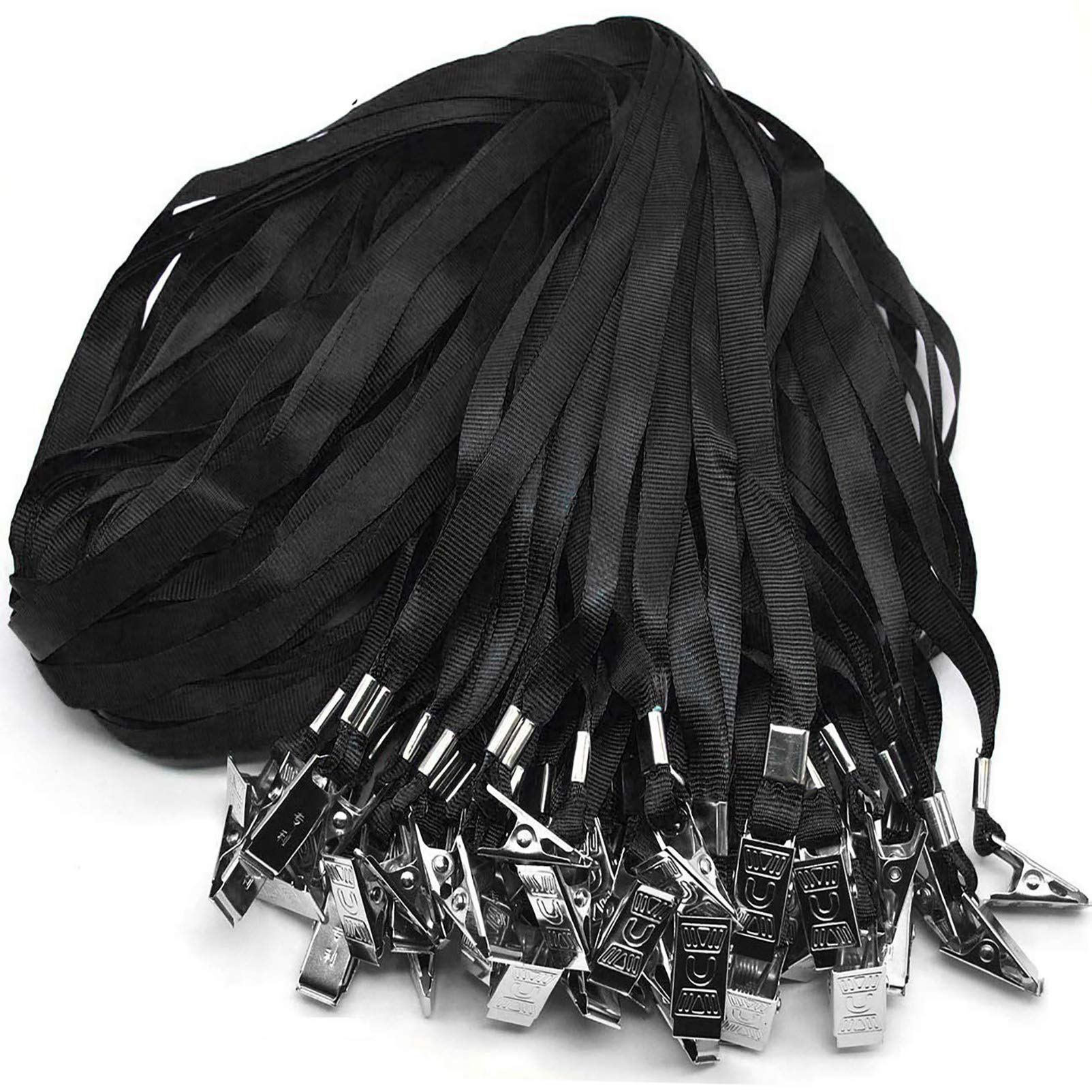 Beebel Black Lanyards 100 Pack Nylon Flat Badge Lanyard Bulldog Clip for Id Badge Name Tags