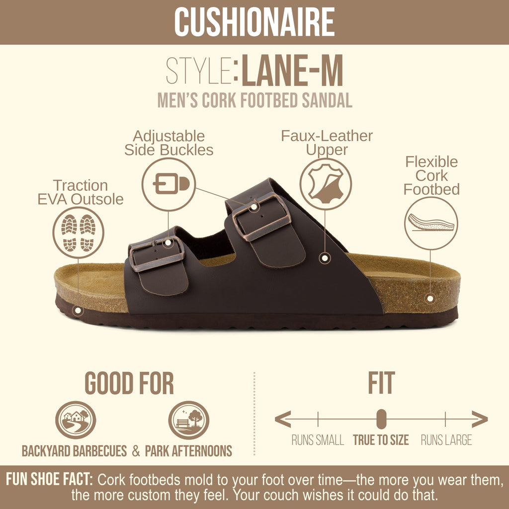CUSHIONAIRE Lane Cork Footbed Mens Sandals, Adjustable Buckle Comfort Slides for Men, Genuine Leather Insole Summer Sandals Men Footwear, BROWN 13