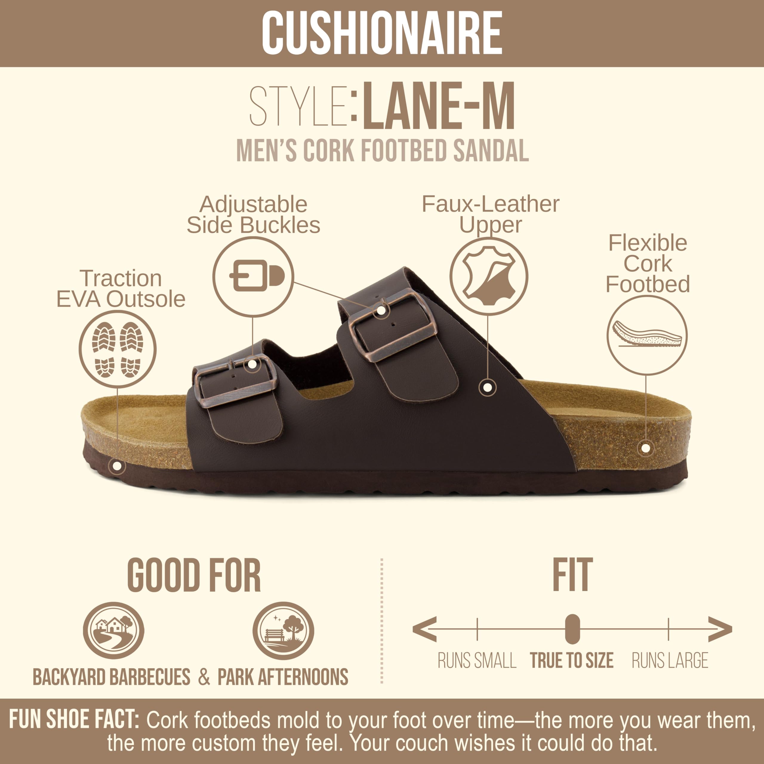 CUSHIONAIRE Lane Cork Footbed Mens Sandals, Adjustable Buckle Comfort Slides for Men, Genuine Leather Insole Summer Sandals Men Footwear, BROWN 13