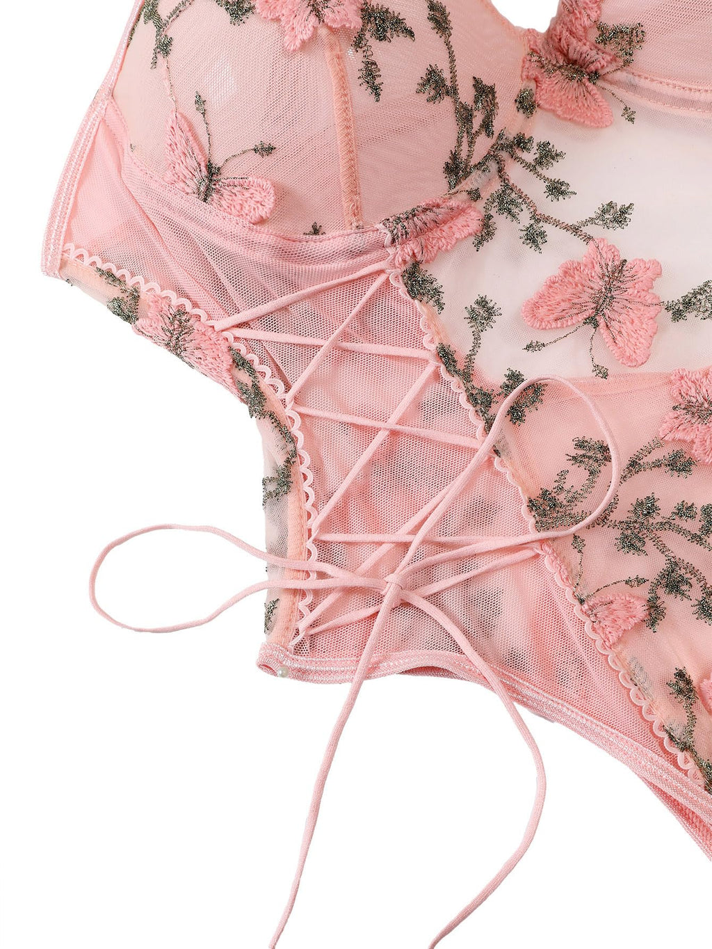 Lilosy Women Sexy Lace Up Butterfly Embroidered Teddy Babydoll Lingerie Bodysuit Top Mesh Sheer One Piece See Through Light Pink Medium