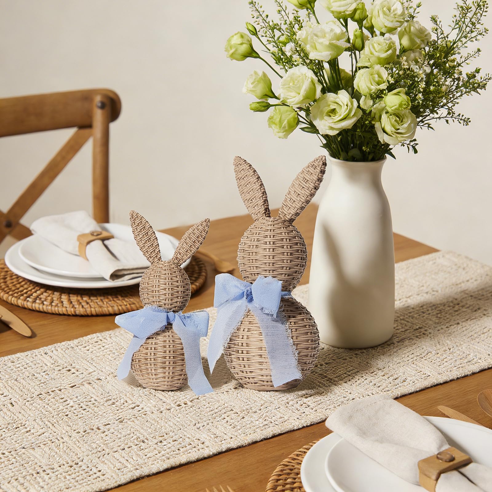 WDS WONDROUS Rattan Effect Resin Bunnies with Light Blue Bow 2-Pcs Large & Small, Easter Decorations Bunny Figurines Set, Farmhouse Spring Table Centerpiece Decor for Home Wedding Gift
