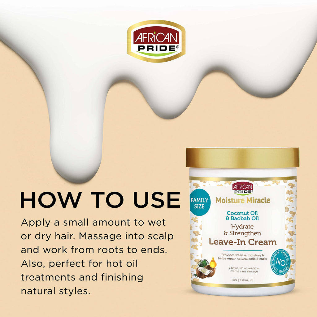 African Pride Moisture Miracle Leave-In Cream with Baobab Oil & Coconut Oil for Coily & Curly Hair, Adds Moisture, Helps Repair & Strengthen, 18 oz