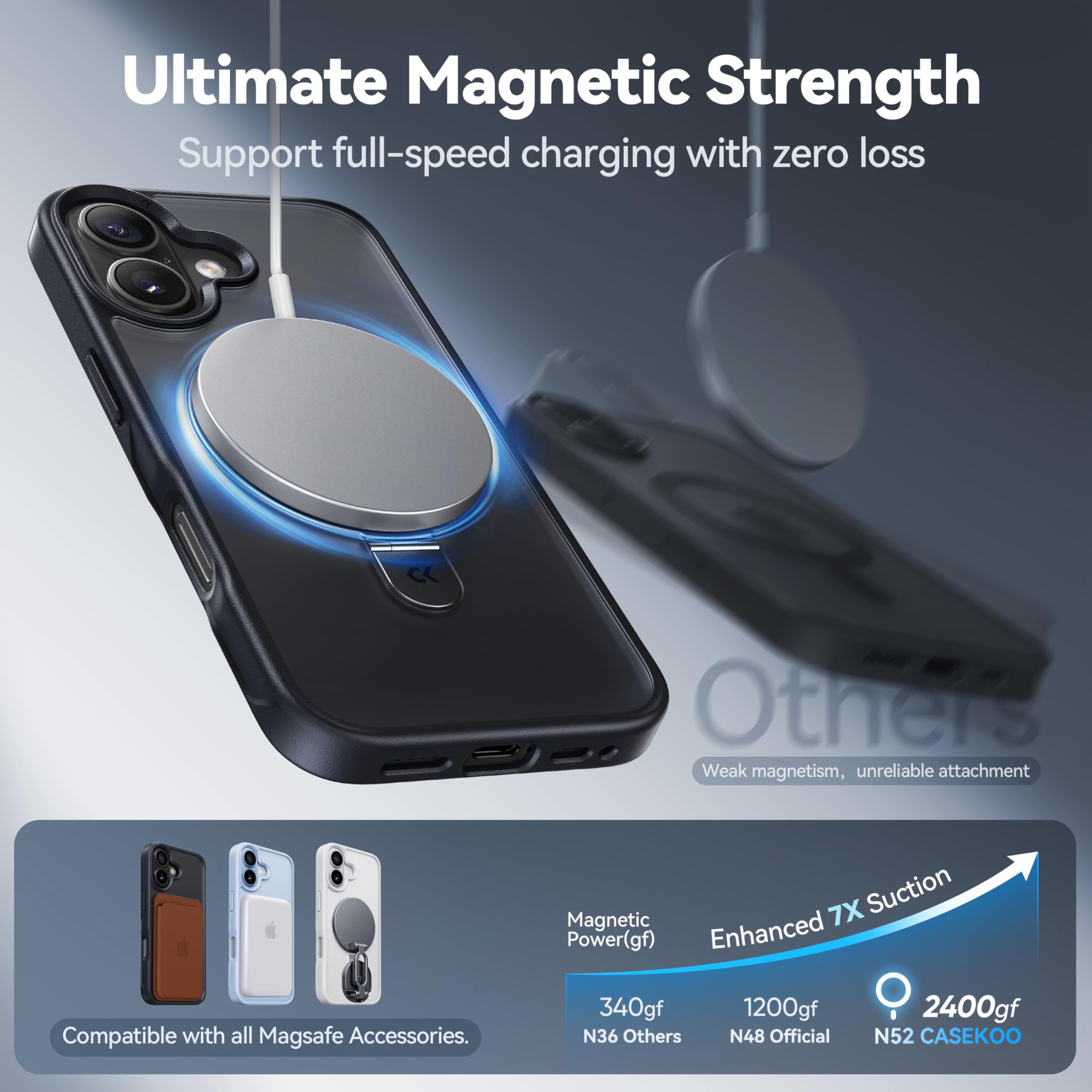 CASEKOO Ultra-Magnetic Stand for iPhone 17 Case [Military Drop Protection] [Compatible with MagSafe] Shockproof Translucent Slim Matte for iPhone 17 Case with Ring Holder 6.3 Inch, Black