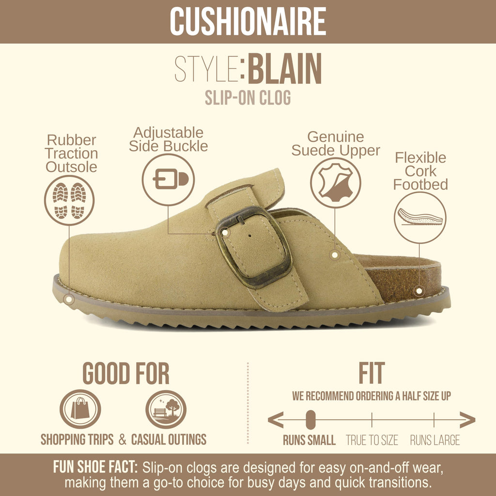 CUSHIONAIRE Blain Genuine Suede Clogs for Women | Slip-On Mules with Memory Foam & Oversized Buckle | Non-Slip Comfort Clogs & Mules Shoes for Women, Sand 10W